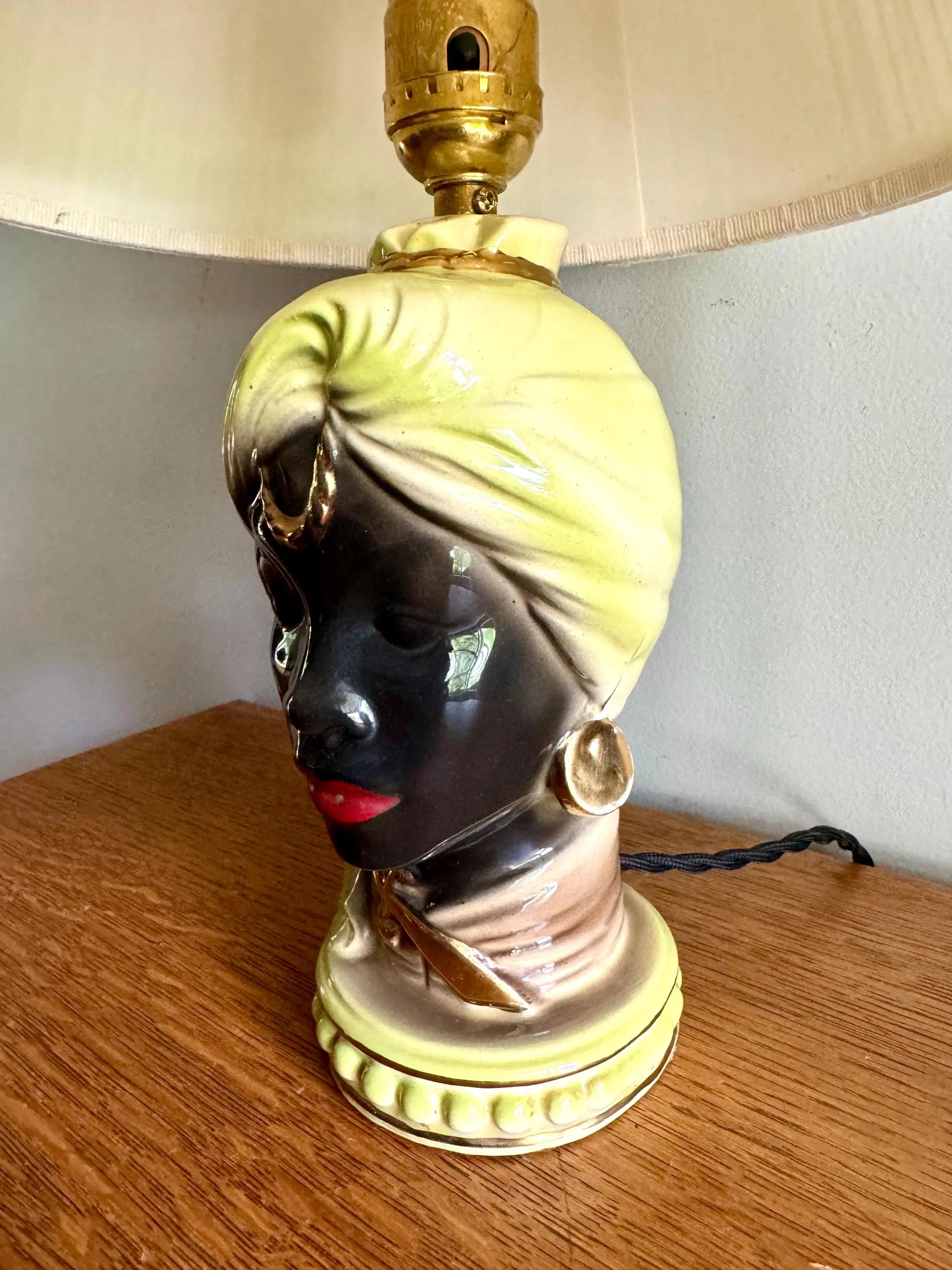 Vintage Porcelain Blackamoor Boudoir Lamp | Rewired Nubian Genie Head Lamp | Shawnee Pottery | Blackamoor Sultan Ceramic Head Lamp