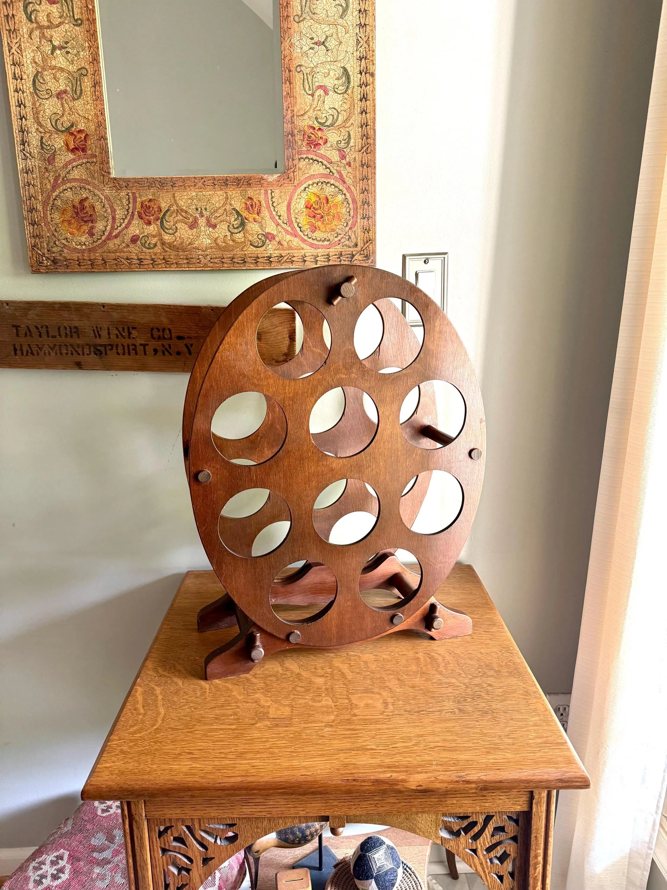 Vintage Wood Oval Wine Rack | Rustic Wine Rack | 10 Spot Wine Bottle Rack | Rustic Wine Storage | Mid Century Wine Rack Stand