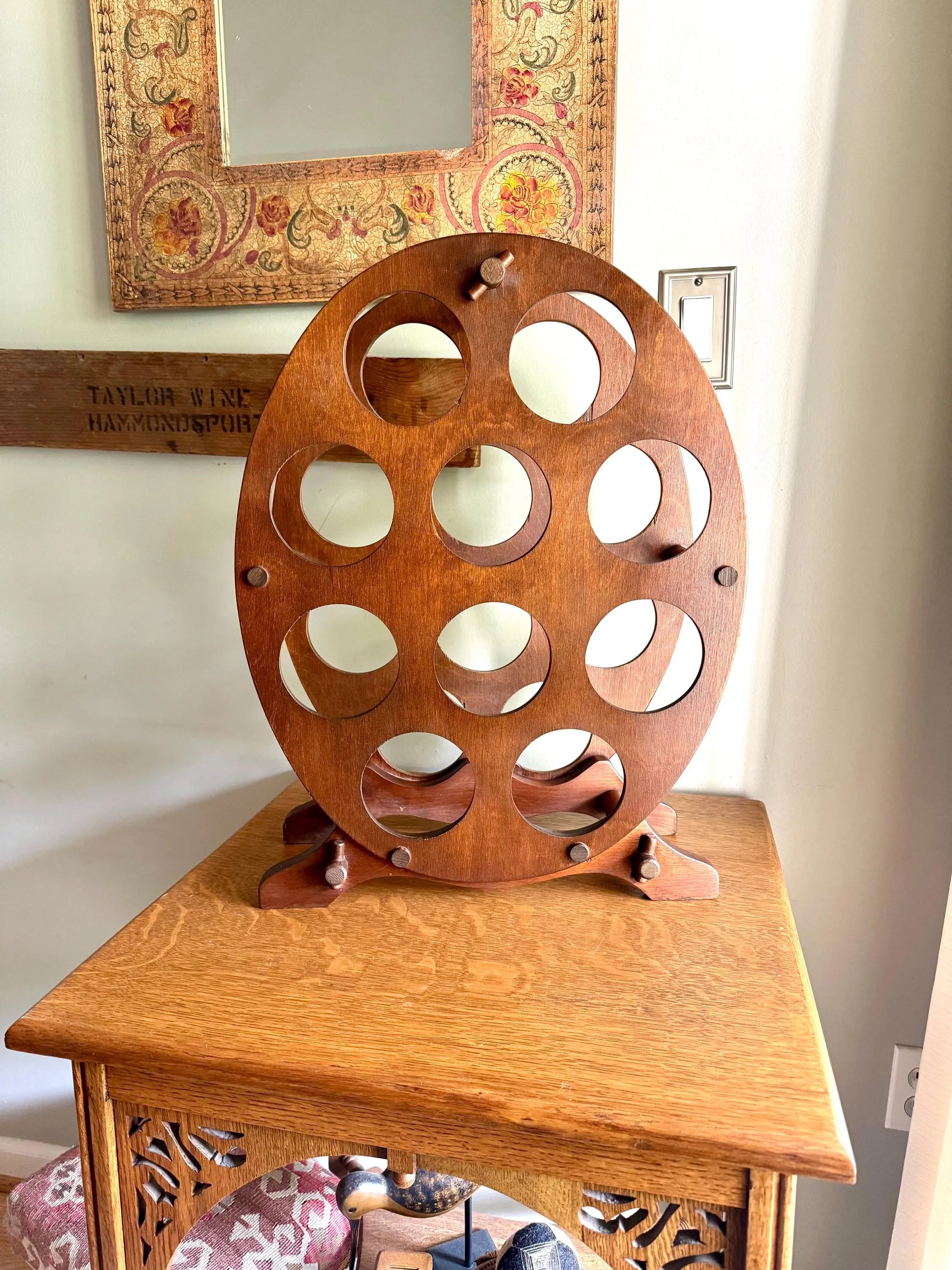 Vintage Wood Oval Wine Rack | Rustic Wine Rack | 10 Spot Wine Bottle Rack | Rustic Wine Storage | Mid Century Wine Rack Stand