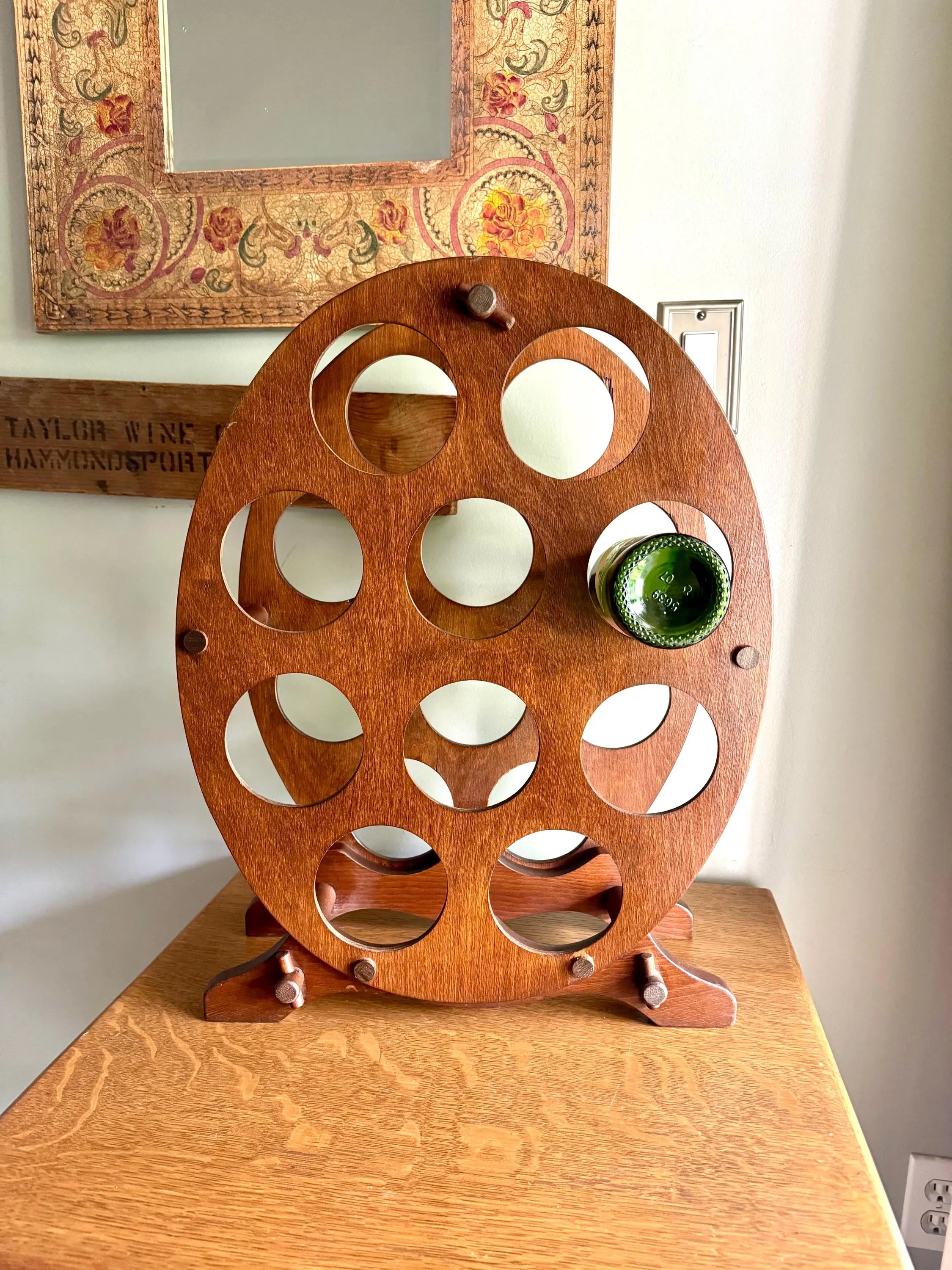 Vintage Wood Oval Wine Rack | Rustic Wine Rack | 10 Spot Wine Bottle Rack | Rustic Wine Storage | Mid Century Wine Rack Stand