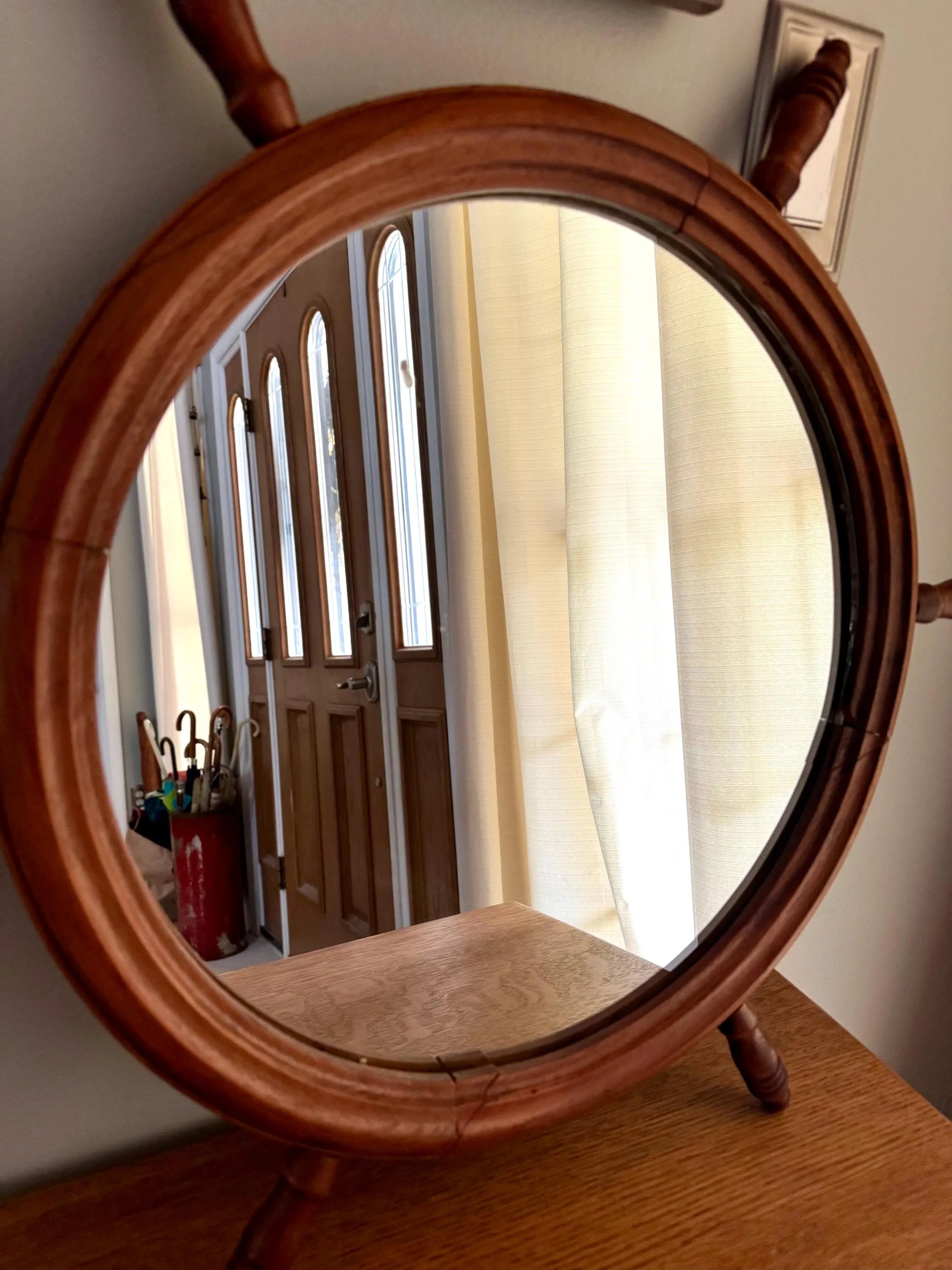 Vintage Nautical Ship's Wheel Wood Mirror | Wooden Ship's Helm Mirror| Nautical Themed Wood Mirror| Maritime Mirror | Rustic Nautical Mirror