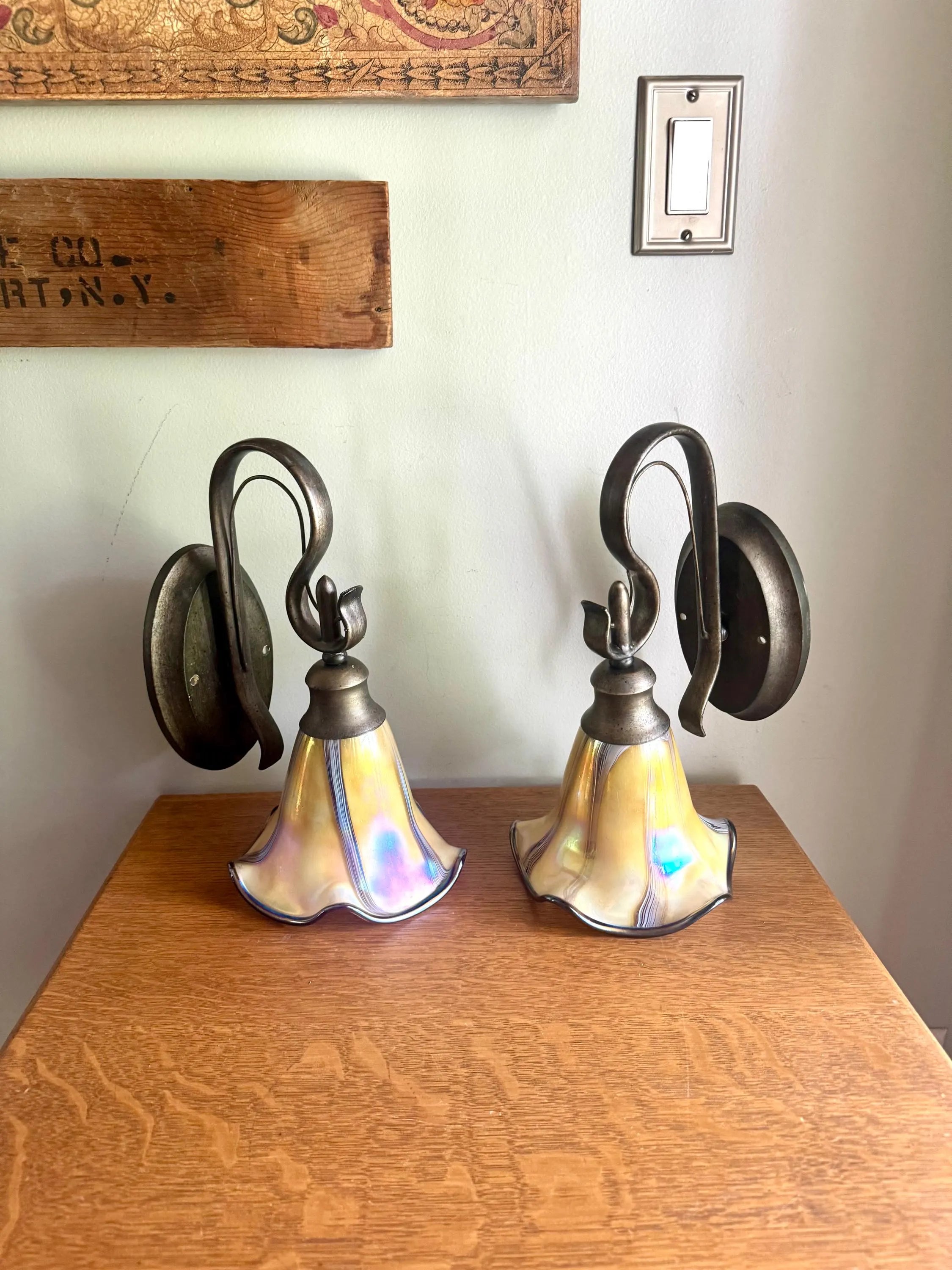 Vintage Quoizel Style Wall Sconces | Todd Phillips Style Glass Shade Wall Sconces | Colorful Glass Shade Wall Sconces