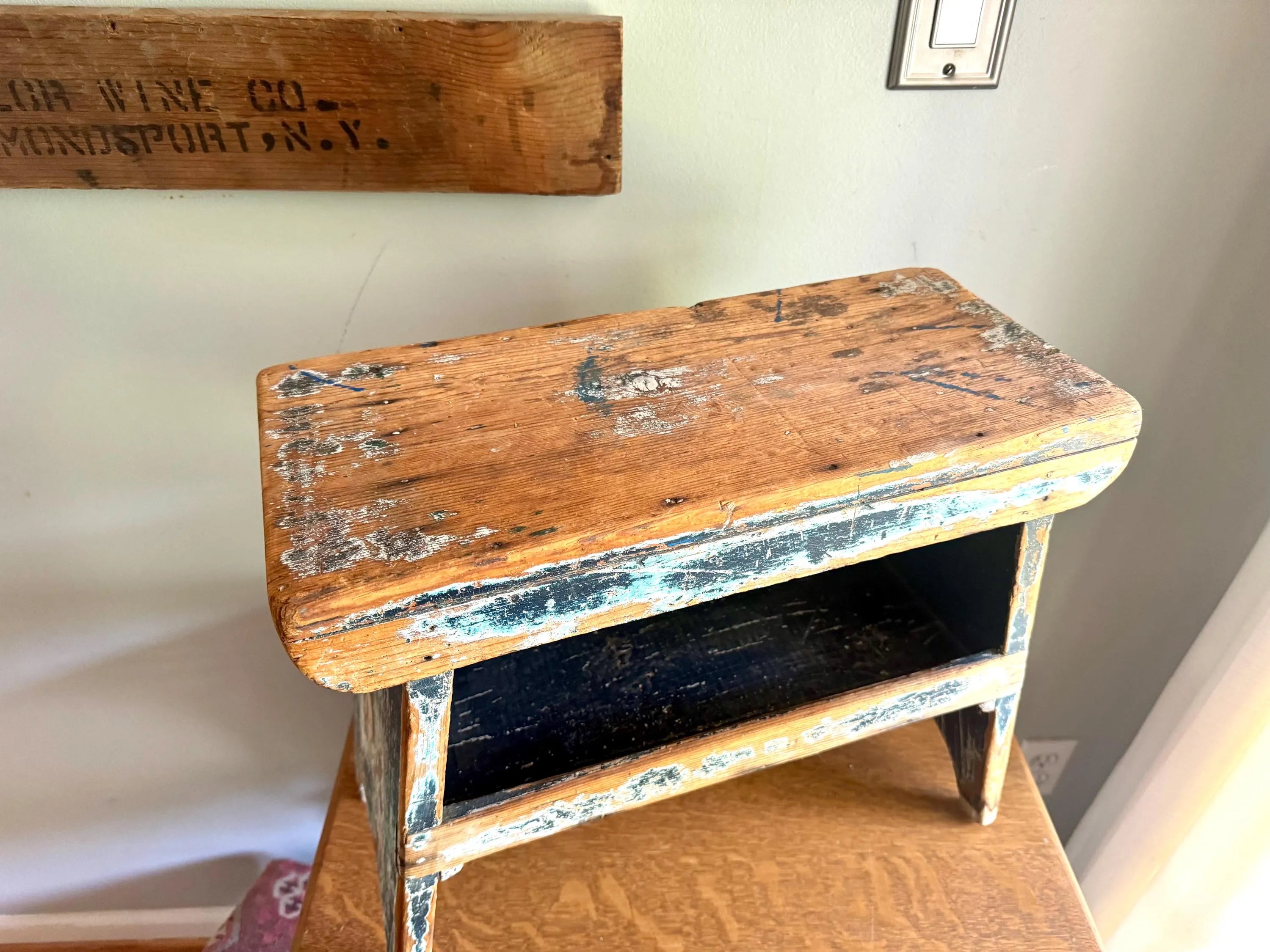Antique Wooden Stool with Distressed Paint | Primitive Wood Stool | Rustic Blue Small Bench | Shabby Chic Distressed Wood Stool