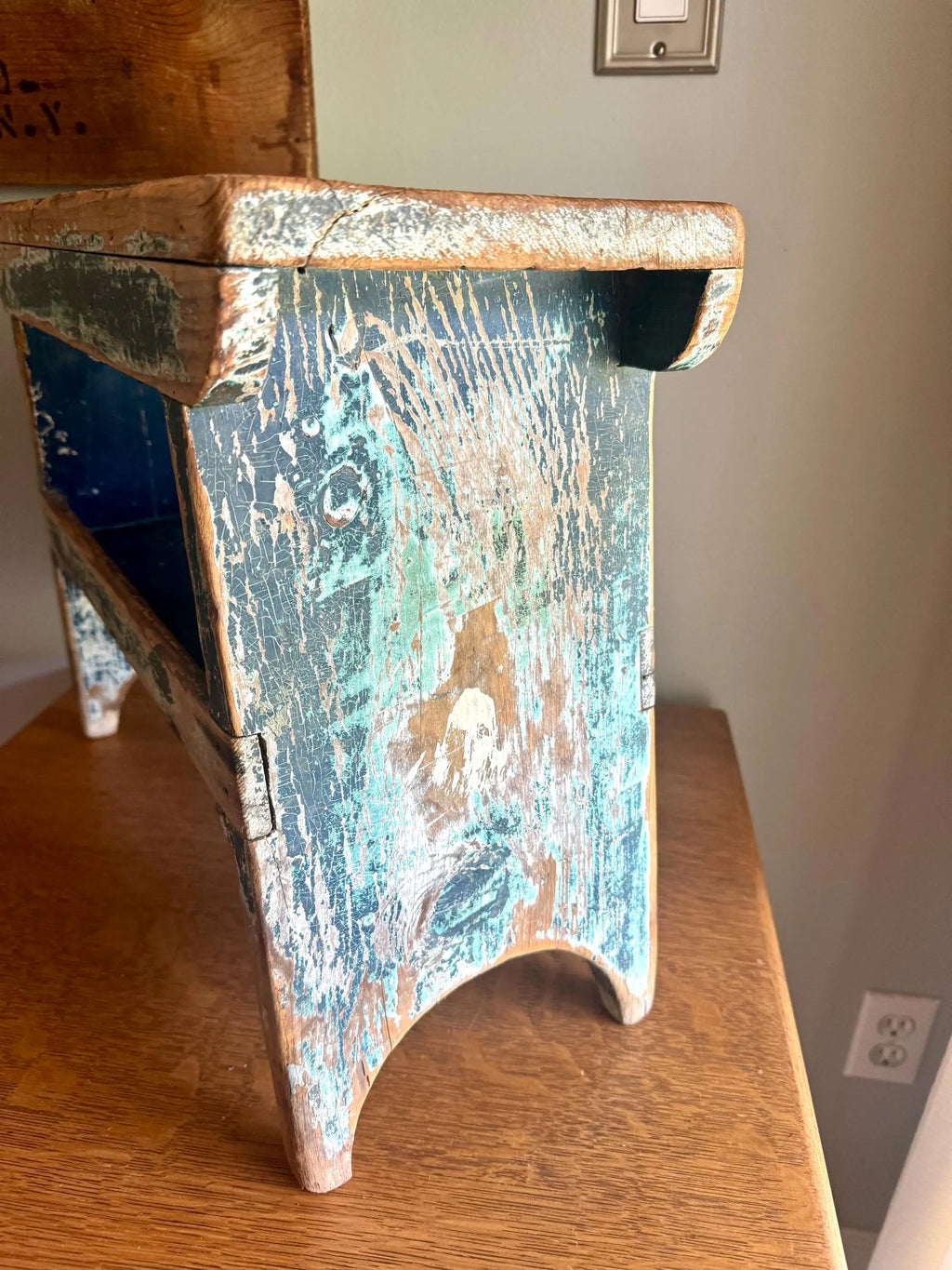 Antique Wooden Stool with Distressed Paint | Primitive Wood Stool | Rustic Blue Small Bench | Shabby Chic Distressed Wood Stool