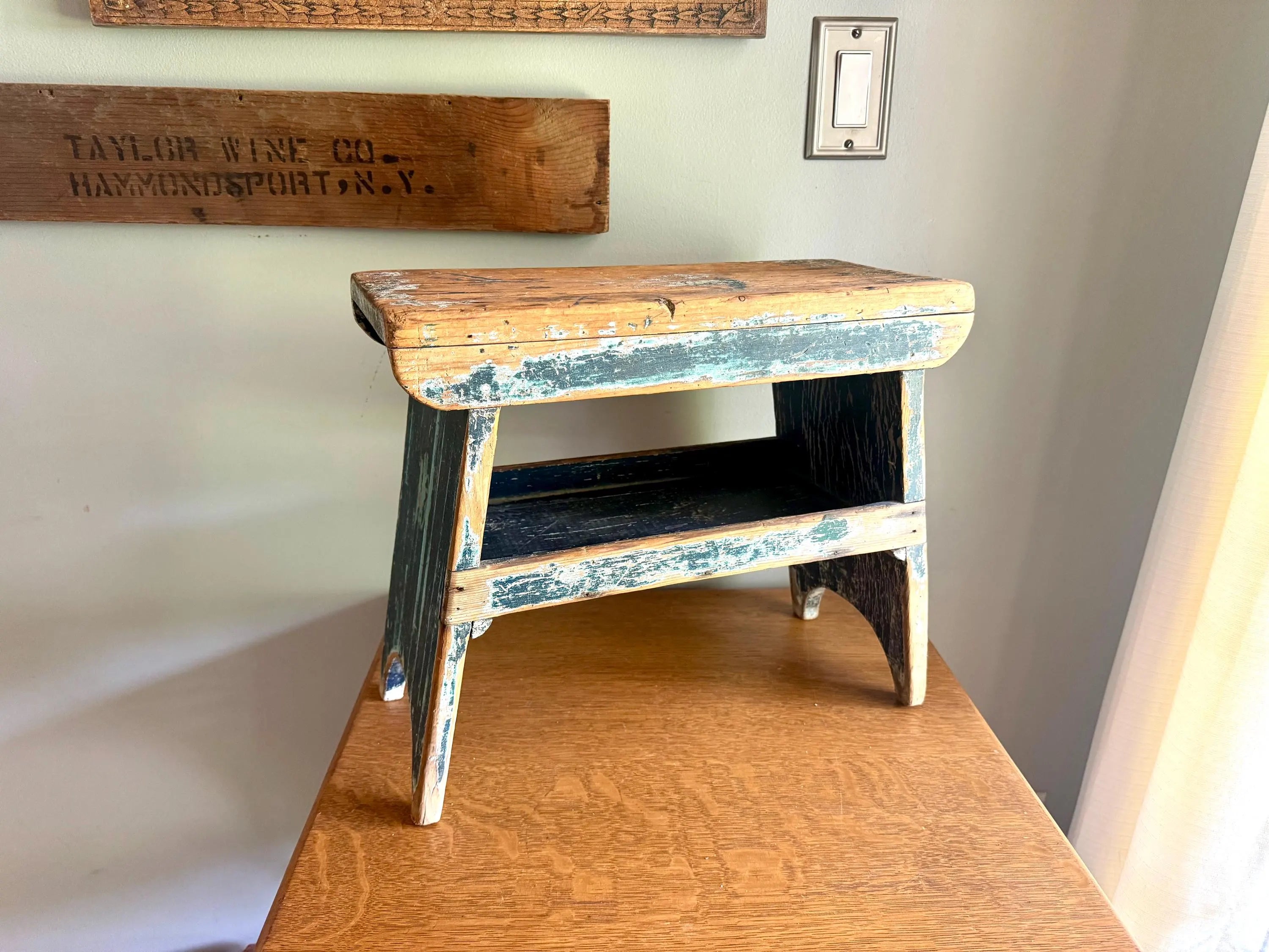 Antique Wooden Stool with Distressed Paint | Primitive Wood Stool | Rustic Blue Small Bench | Shabby Chic Distressed Wood Stool