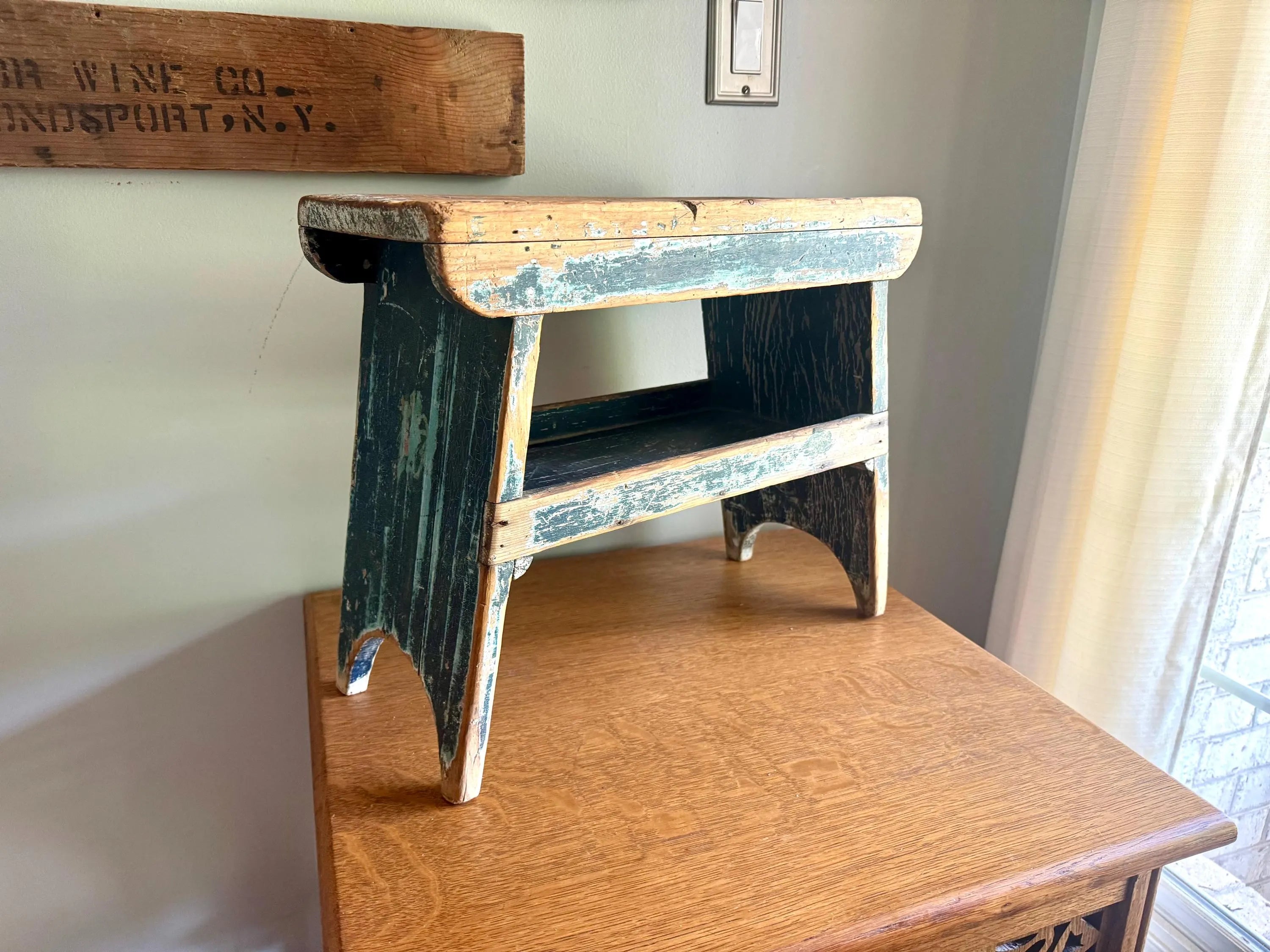 Antique Wooden Stool with Distressed Paint | Primitive Wood Stool | Rustic Blue Small Bench | Shabby Chic Distressed Wood Stool