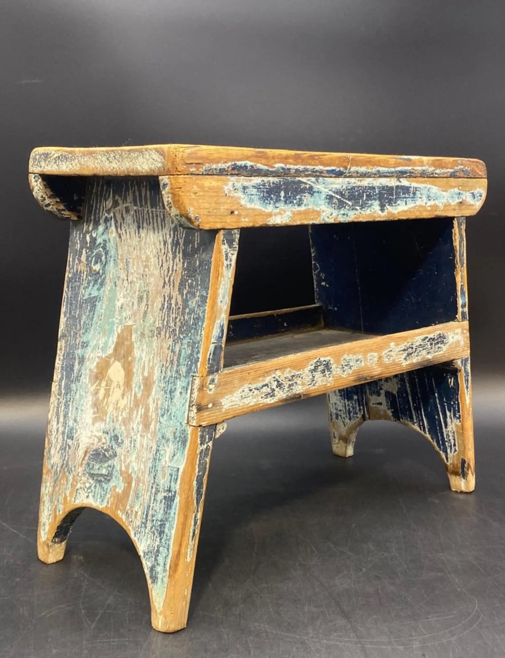 Antique Wooden Stool with Distressed Paint | Primitive Wood Stool | Rustic Blue Small Bench | Shabby Chic Distressed Wood Stool