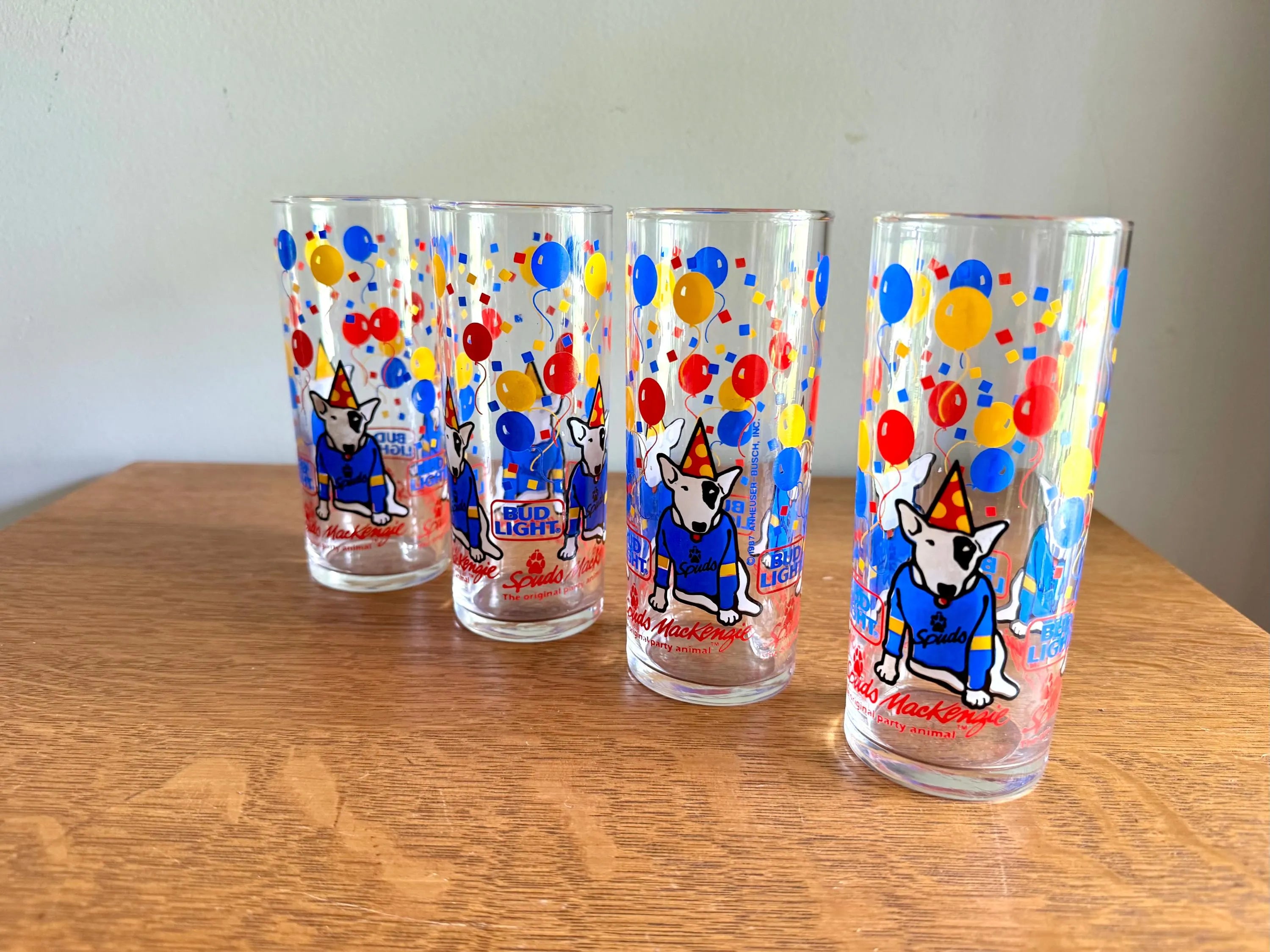 Spud MacKenzie Bud Light Beer Glasses | Vintage Spud MacKenzie Beer Glasses| Vintage Bud Light Beer Glasses | 4 Beer Advertisement Glasses