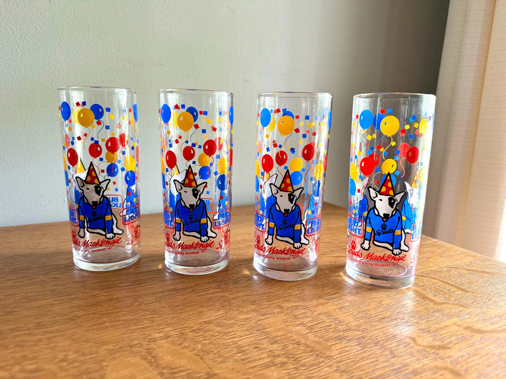 Spud MacKenzie Bud Light Beer Glasses | Vintage Spud MacKenzie Beer Glasses| Vintage Bud Light Beer Glasses | 4 Beer Advertisement Glasses