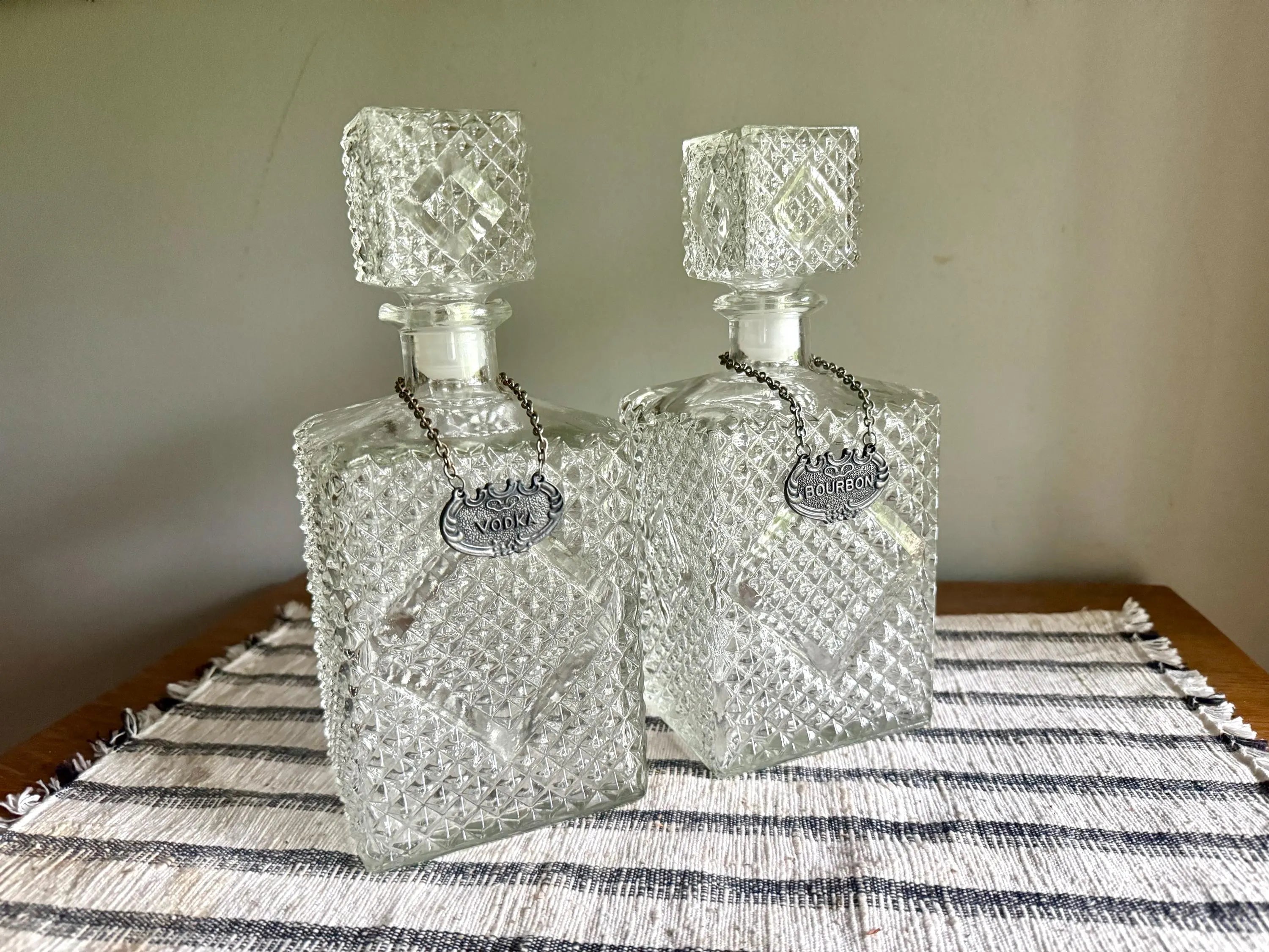 Vintage Pair of Crystal Style Decanters | Diamond Cut Glass Decanters with Decanter Tags | Pair of Diamond Crosshatch Cut Glass Decanters