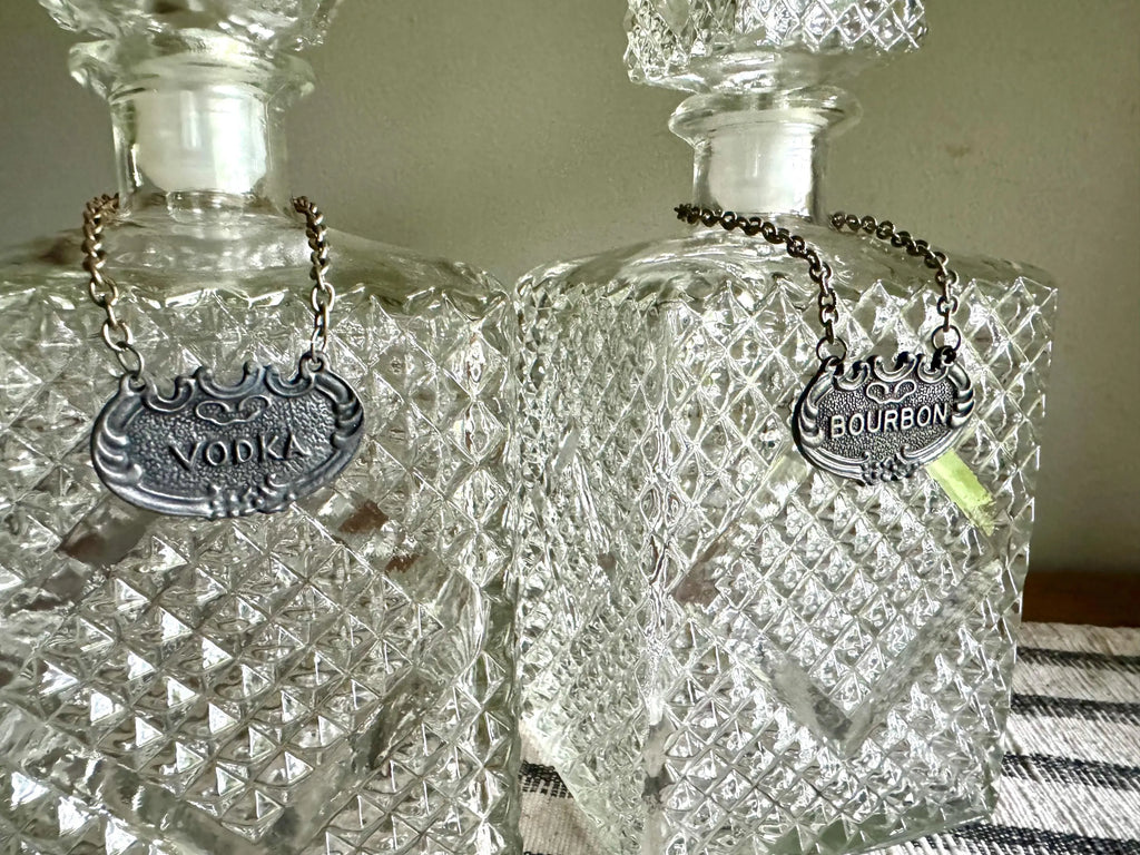 Vintage Pair of Crystal Style Decanters | Diamond Cut Glass Decanters with Decanter Tags | Pair of Diamond Crosshatch Cut Glass Decanters