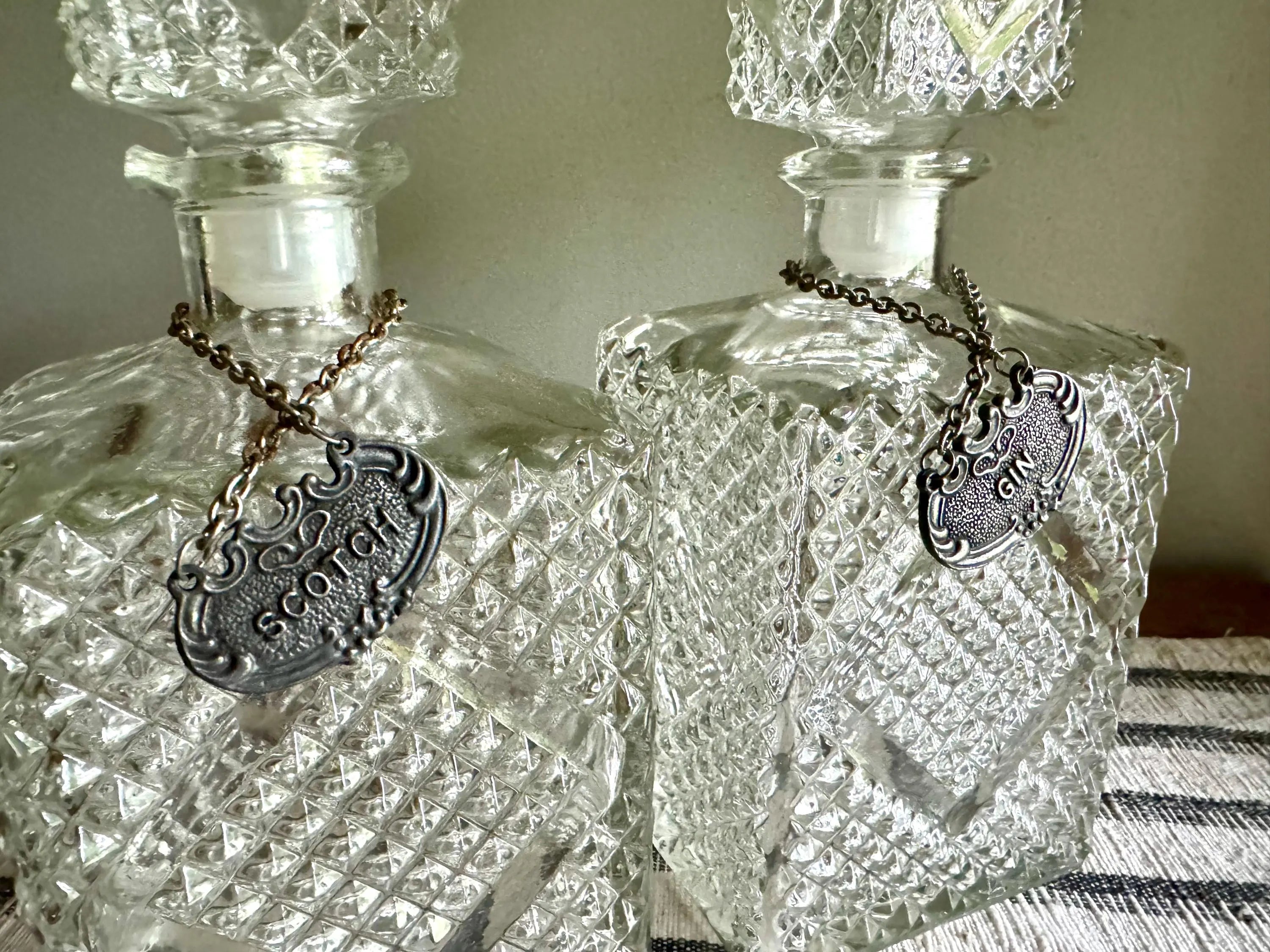 Vintage Pair of Crystal Style Decanters | Diamond Cut Glass Decanters with Decanter Tags | Pair of Diamond Crosshatch Cut Glass Decanters