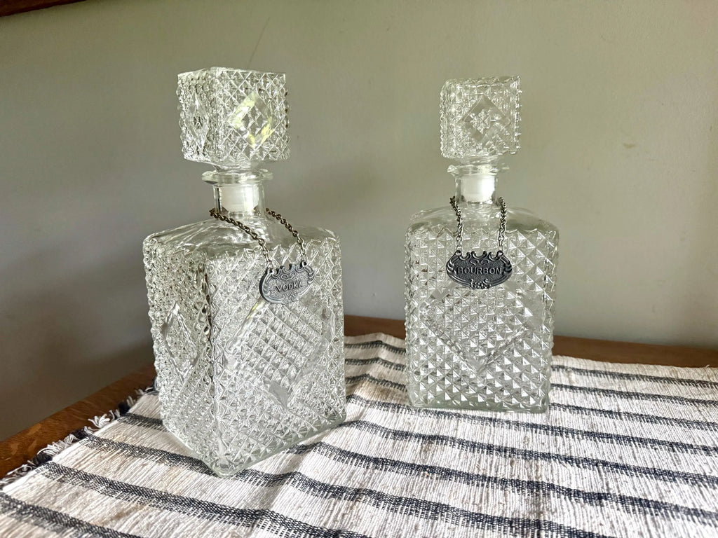Vintage Pair of Crystal Style Decanters | Diamond Cut Glass Decanters with Decanter Tags | Pair of Diamond Crosshatch Cut Glass Decanters