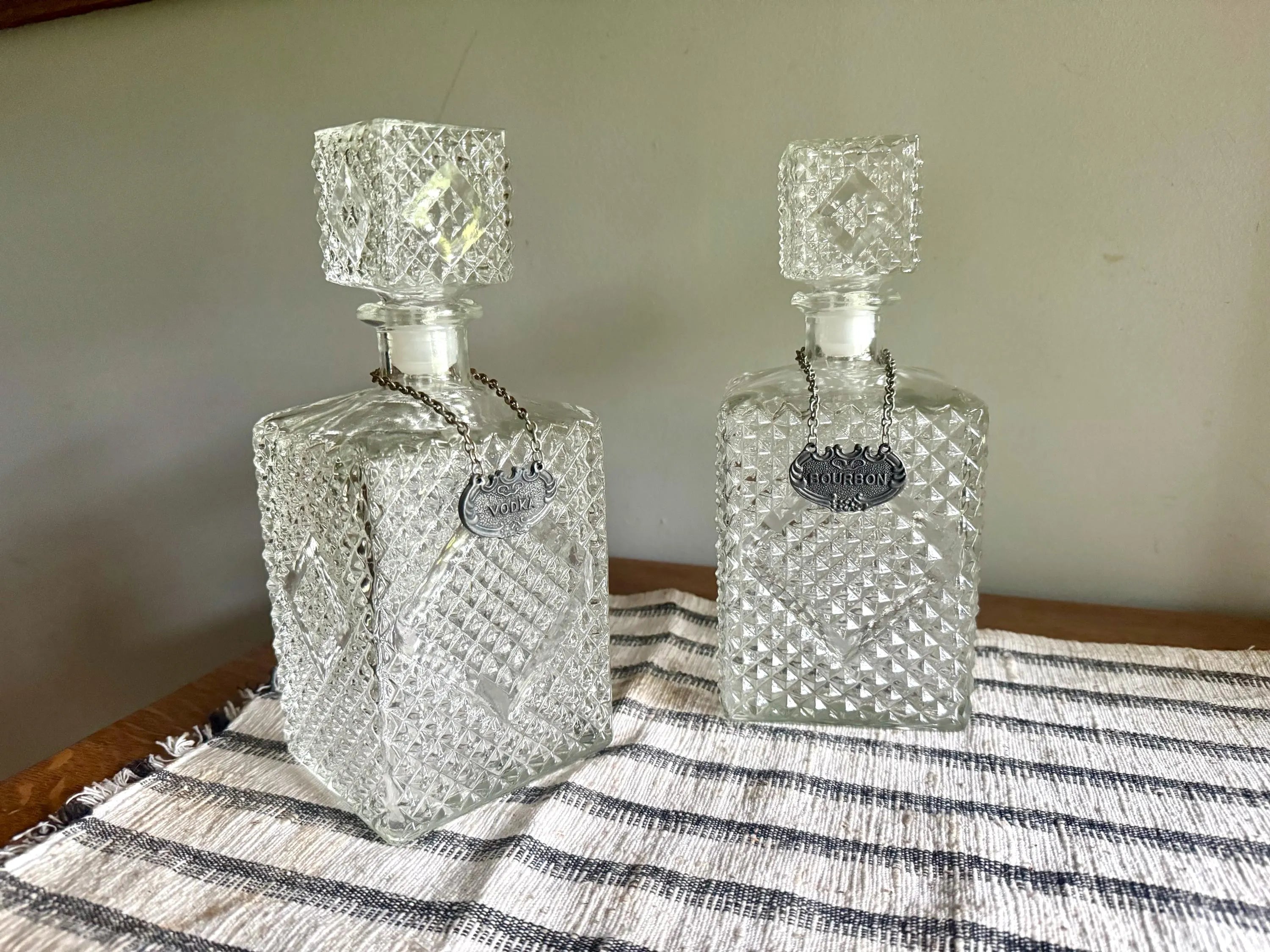 Vintage Pair of Crystal Style Decanters | Diamond Cut Glass Decanters with Decanter Tags | Pair of Diamond Crosshatch Cut Glass Decanters
