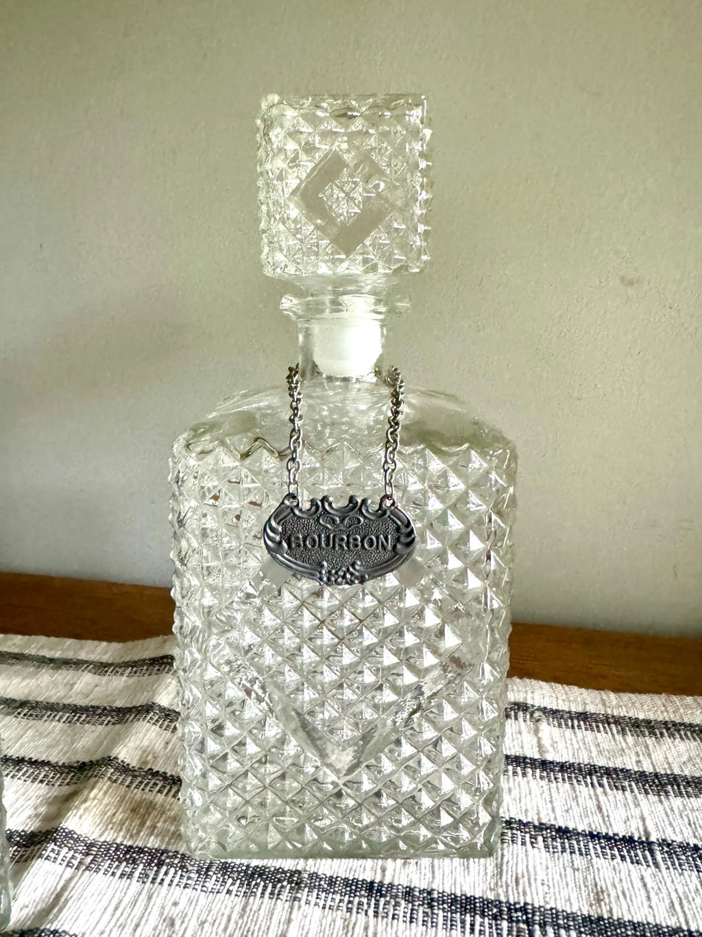 Vintage Pair of Crystal Style Decanters | Diamond Cut Glass Decanters with Decanter Tags | Pair of Diamond Crosshatch Cut Glass Decanters