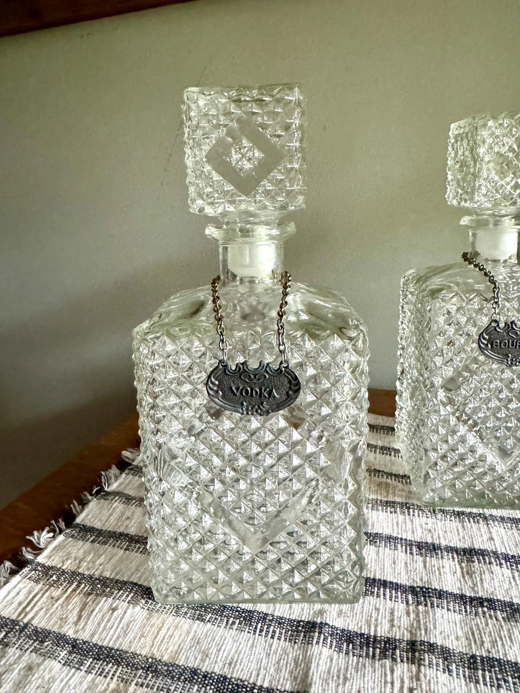 Vintage Pair of Crystal Style Decanters | Diamond Cut Glass Decanters with Decanter Tags | Pair of Diamond Crosshatch Cut Glass Decanters