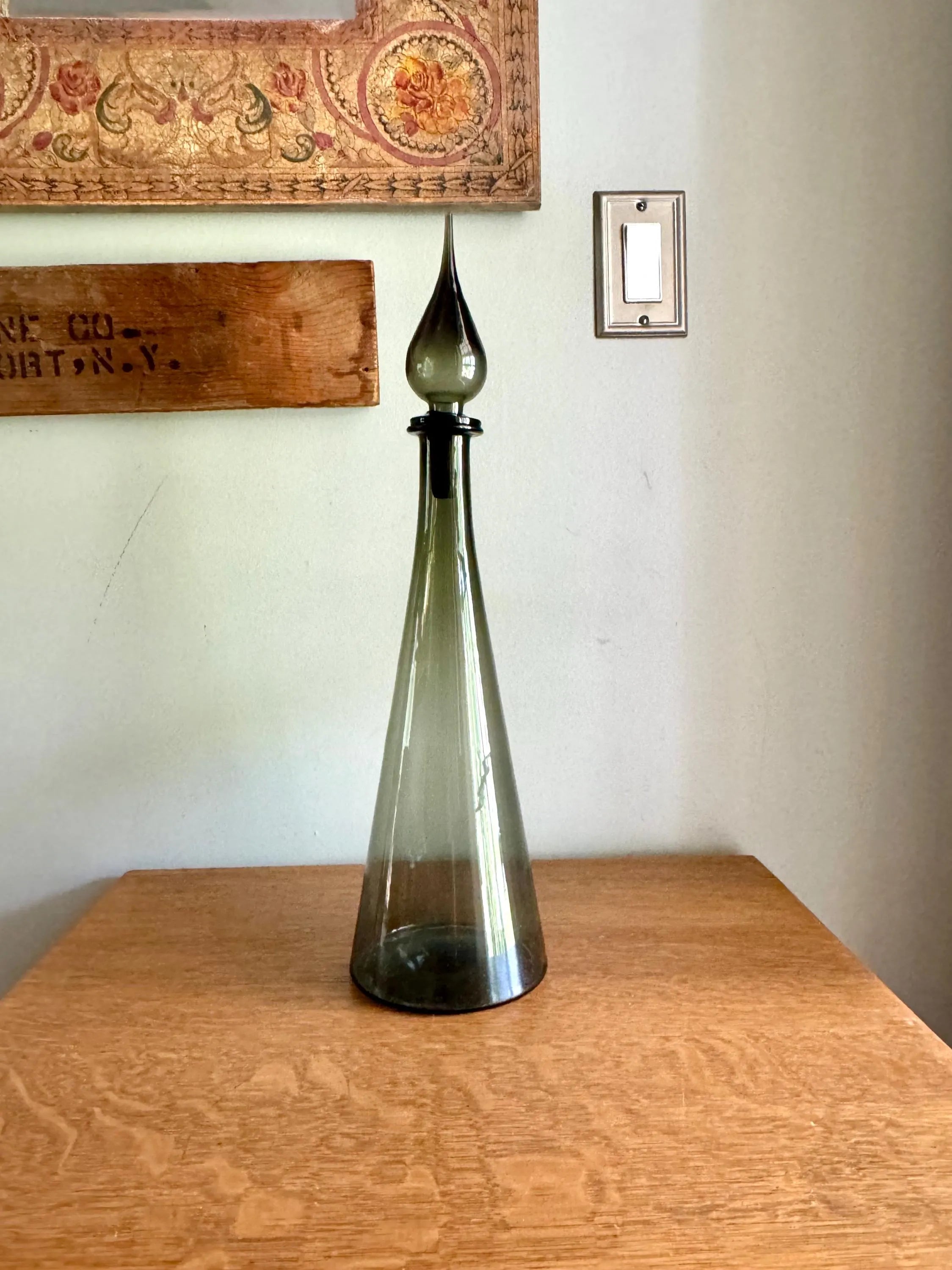Large Charcoal Smoked Empoli Glass Bottle | Smoked Italian Glass Decanter | 19" Genie Bottle Smoked Gray | Bohemian Style Bottle| Boho Decor