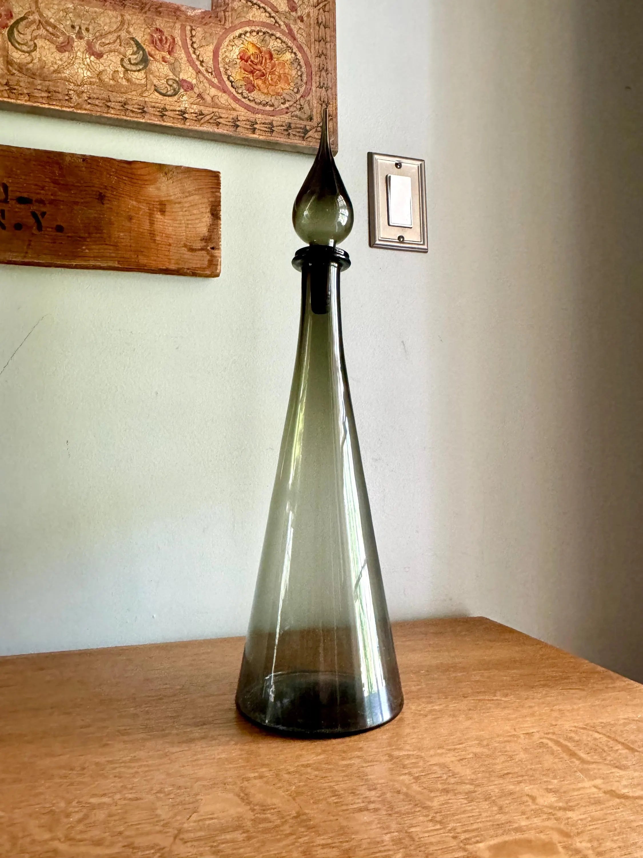 Large Charcoal Smoked Empoli Glass Bottle | Smoked Italian Glass Decanter | 19" Genie Bottle Smoked Gray | Bohemian Style Bottle| Boho Decor