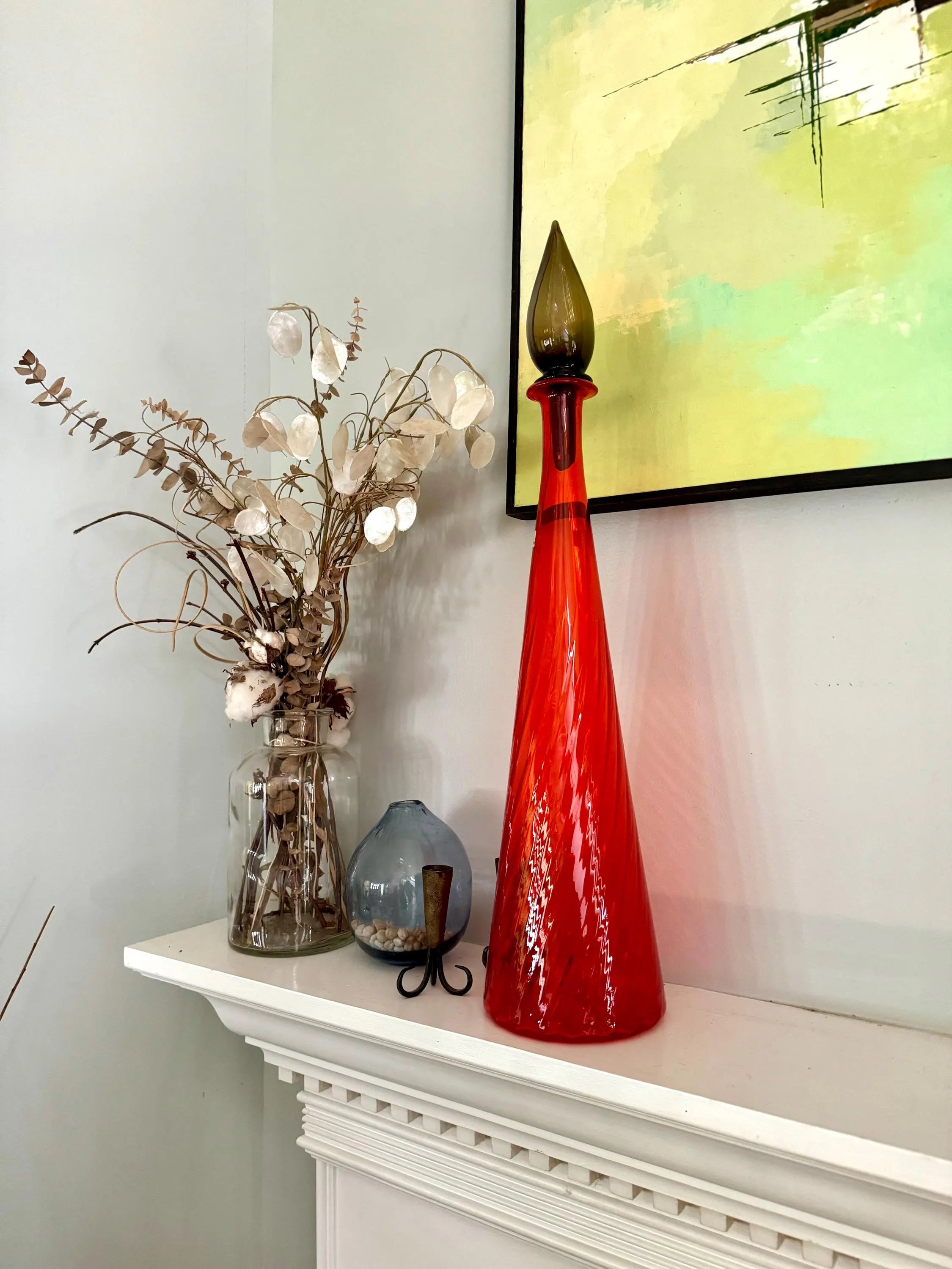 Large Flame Red Swirl Empoli Glass Bottle | Red Italian Glass Decanter | 24 1/2" Genie Bottle | Red Swirl Glass Bohemian Style Bottle