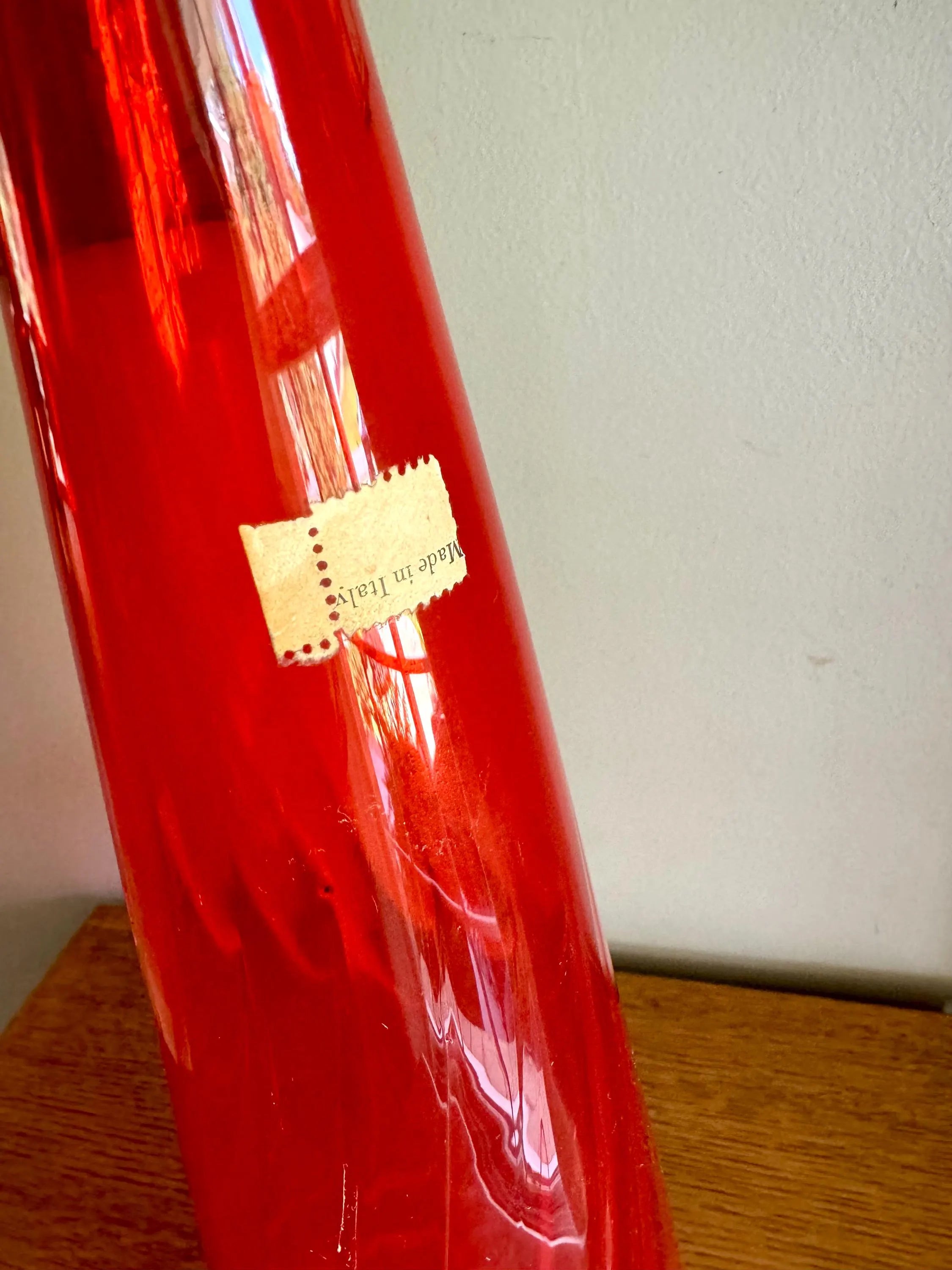 Large Flame Red Swirl Empoli Glass Bottle | Red Italian Glass Decanter | 24 1/2" Genie Bottle | Red Swirl Glass Bohemian Style Bottle