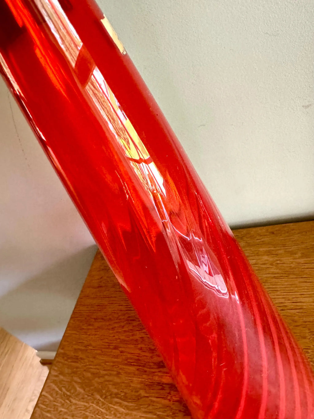 Large Flame Red Swirl Empoli Glass Bottle | Red Italian Glass Decanter | 24 1/2" Genie Bottle | Red Swirl Glass Bohemian Style Bottle