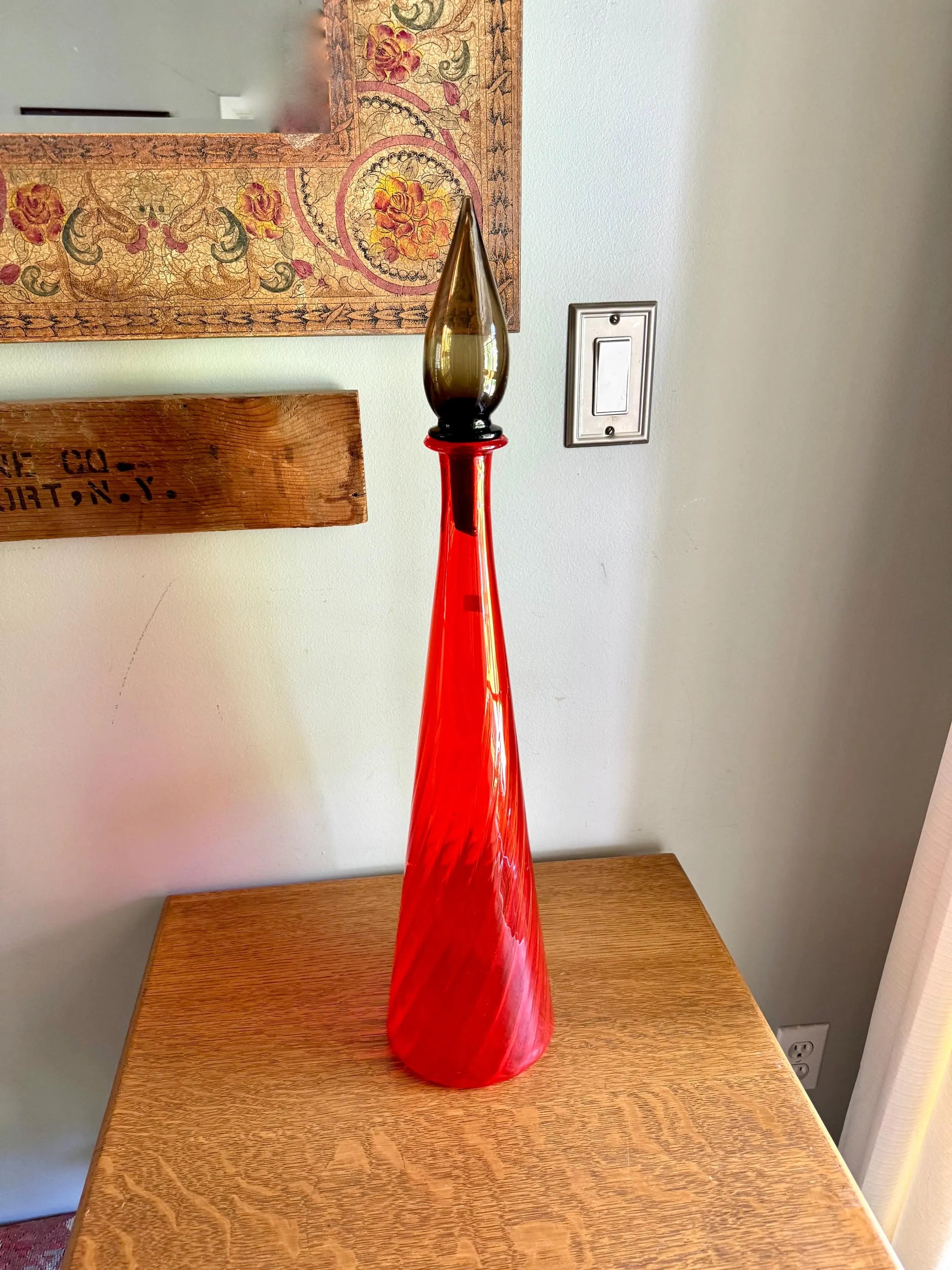 Large Flame Red Swirl Empoli Glass Bottle | Red Italian Glass Decanter | 24 1/2" Genie Bottle | Red Swirl Glass Bohemian Style Bottle