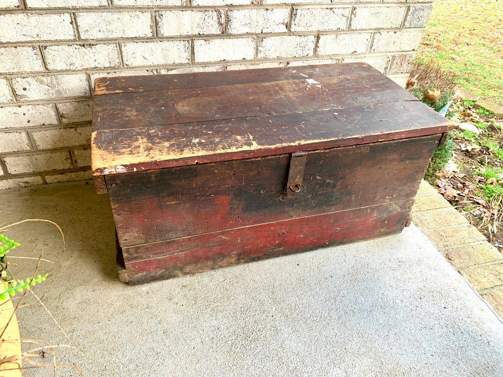 Antique Wood Carpenter's Tool Chest | Distressed Wood Tool Trunk | Rustic Red Wood Box | Rustic Coffee Table | Rustic Storage | Rustic Decor