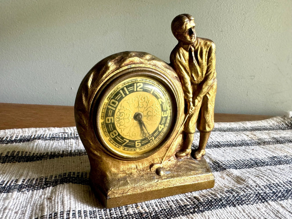 Vtg Lux Clock MFG. Co. Travel Clock | Gold Gilded Golf Wind Up Clock | Ornate Small Golfer Clock | Small Gold Golfer Clock