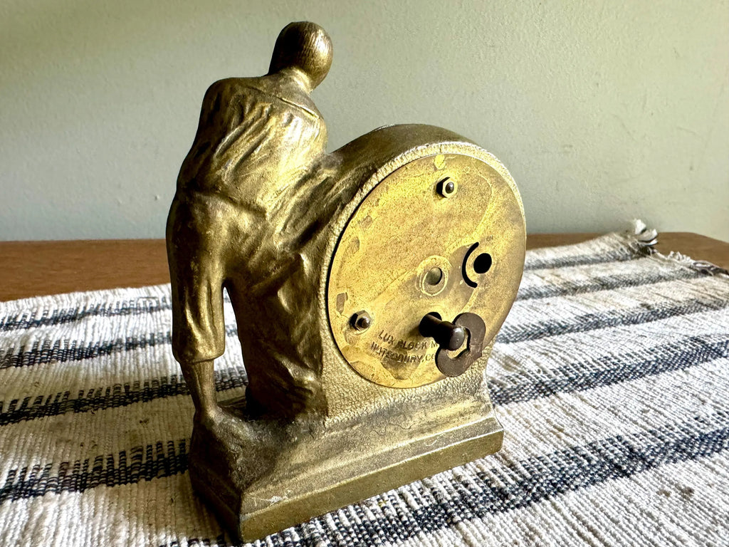 Vtg Lux Clock MFG. Co. Travel Clock | Gold Gilded Golf Wind Up Clock | Ornate Small Golfer Clock | Small Gold Golfer Clock