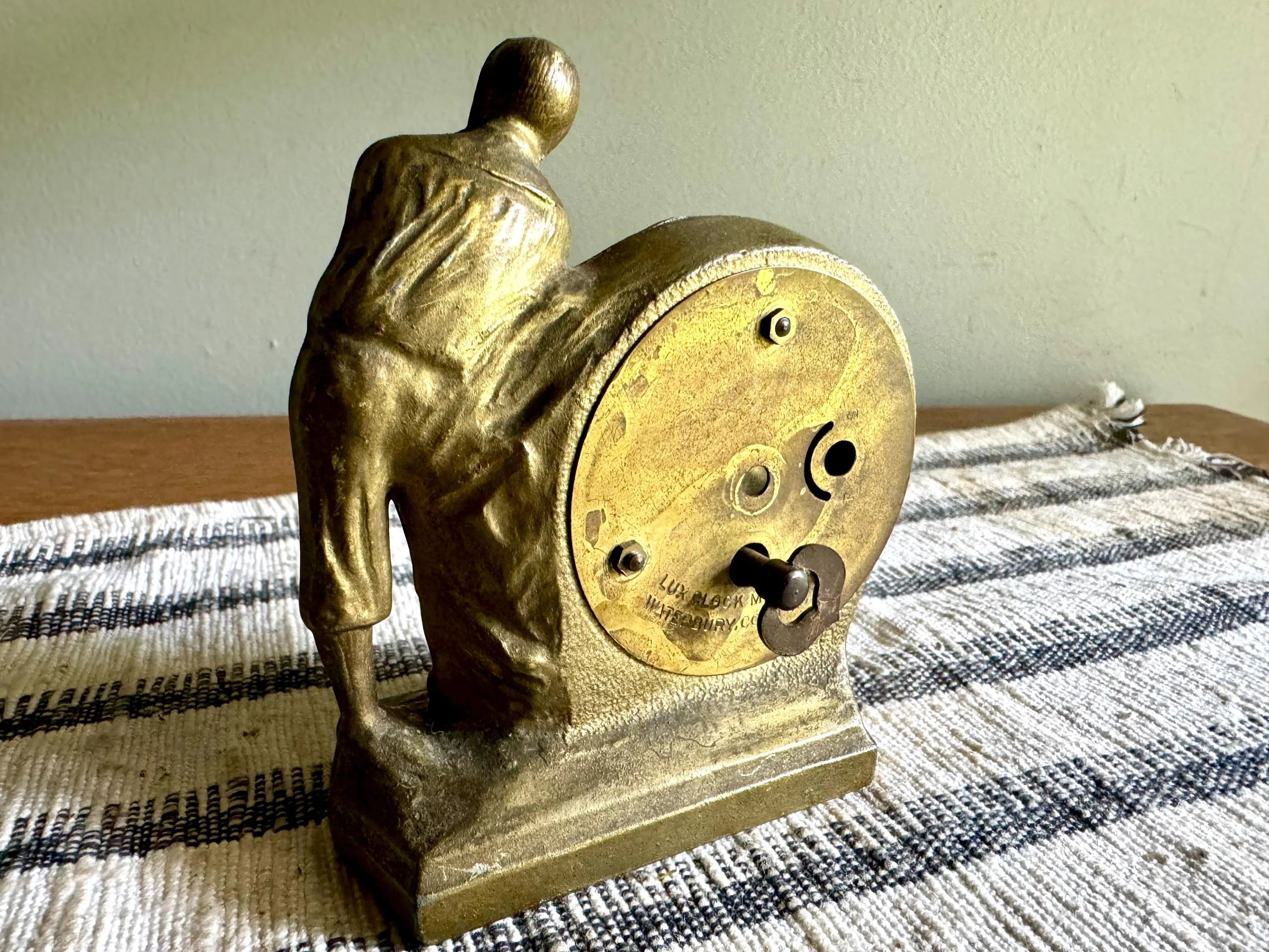 Vtg Lux Clock MFG. Co. Travel Clock | Gold Gilded Golf Wind Up Clock | Ornate Small Golfer Clock | Small Gold Golfer Clock