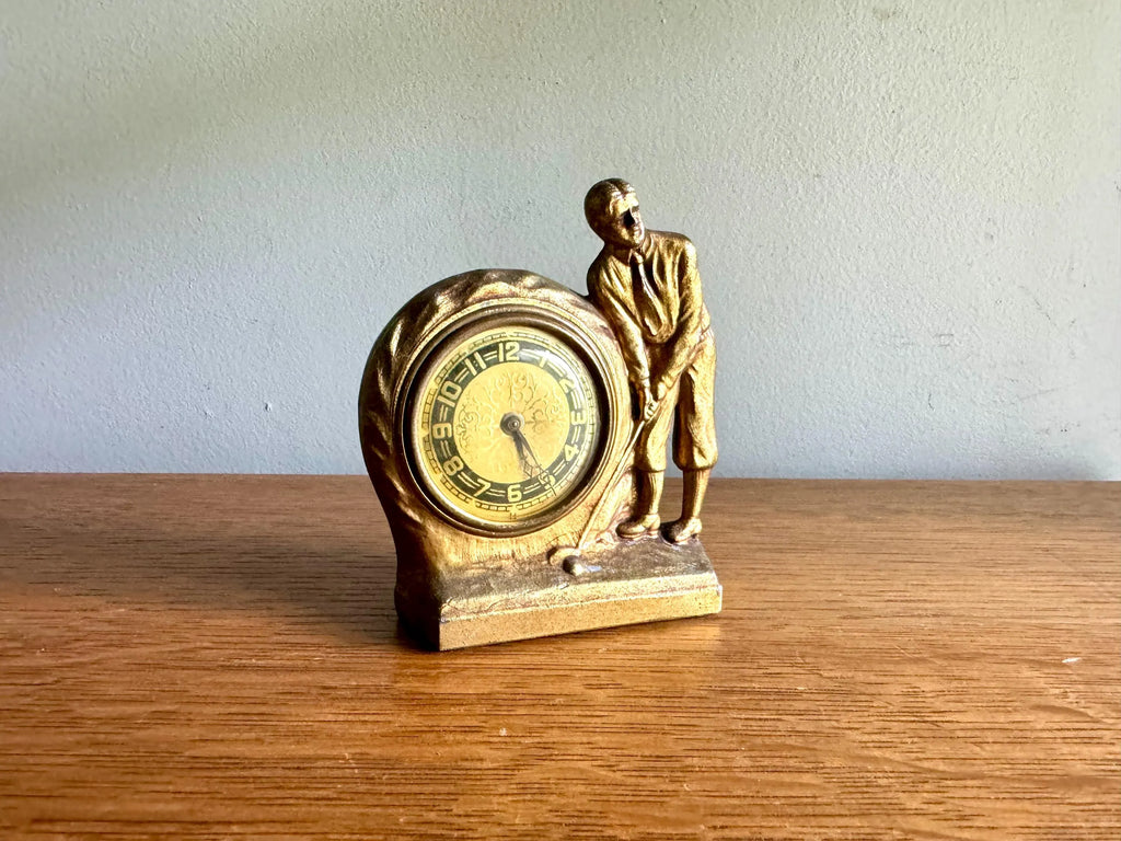 Vtg Lux Clock MFG. Co. Travel Clock | Gold Gilded Golf Wind Up Clock | Ornate Small Golfer Clock | Small Gold Golfer Clock