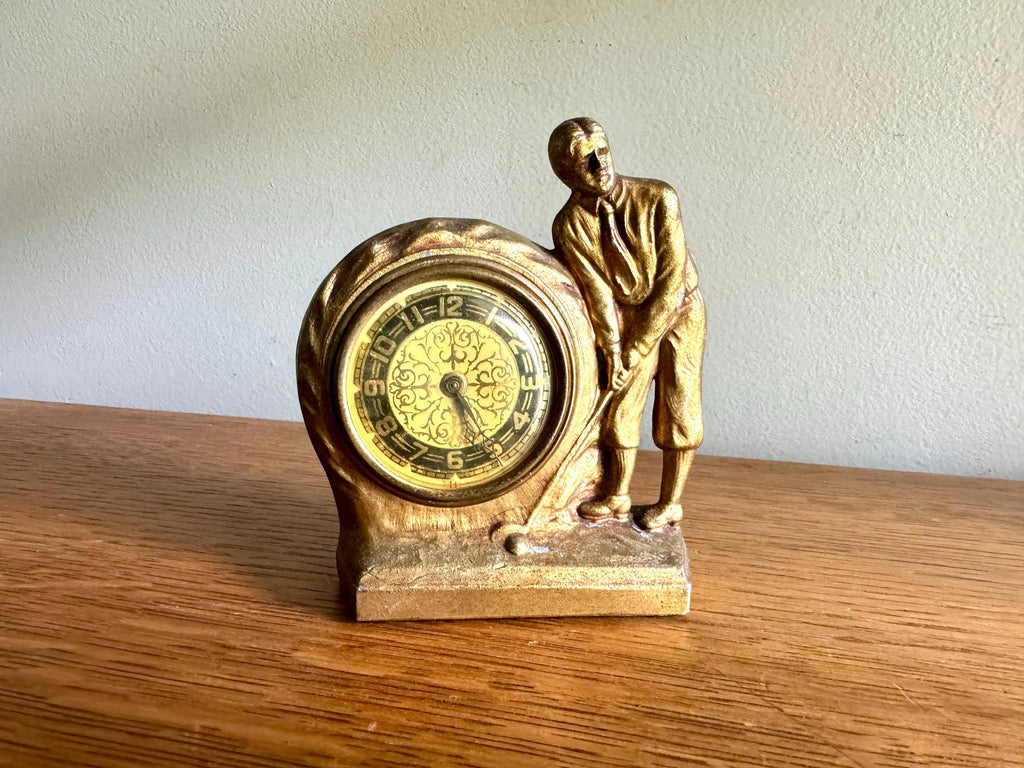 Vtg Lux Clock MFG. Co. Travel Clock | Gold Gilded Golf Wind Up Clock | Ornate Small Golfer Clock | Small Gold Golfer Clock