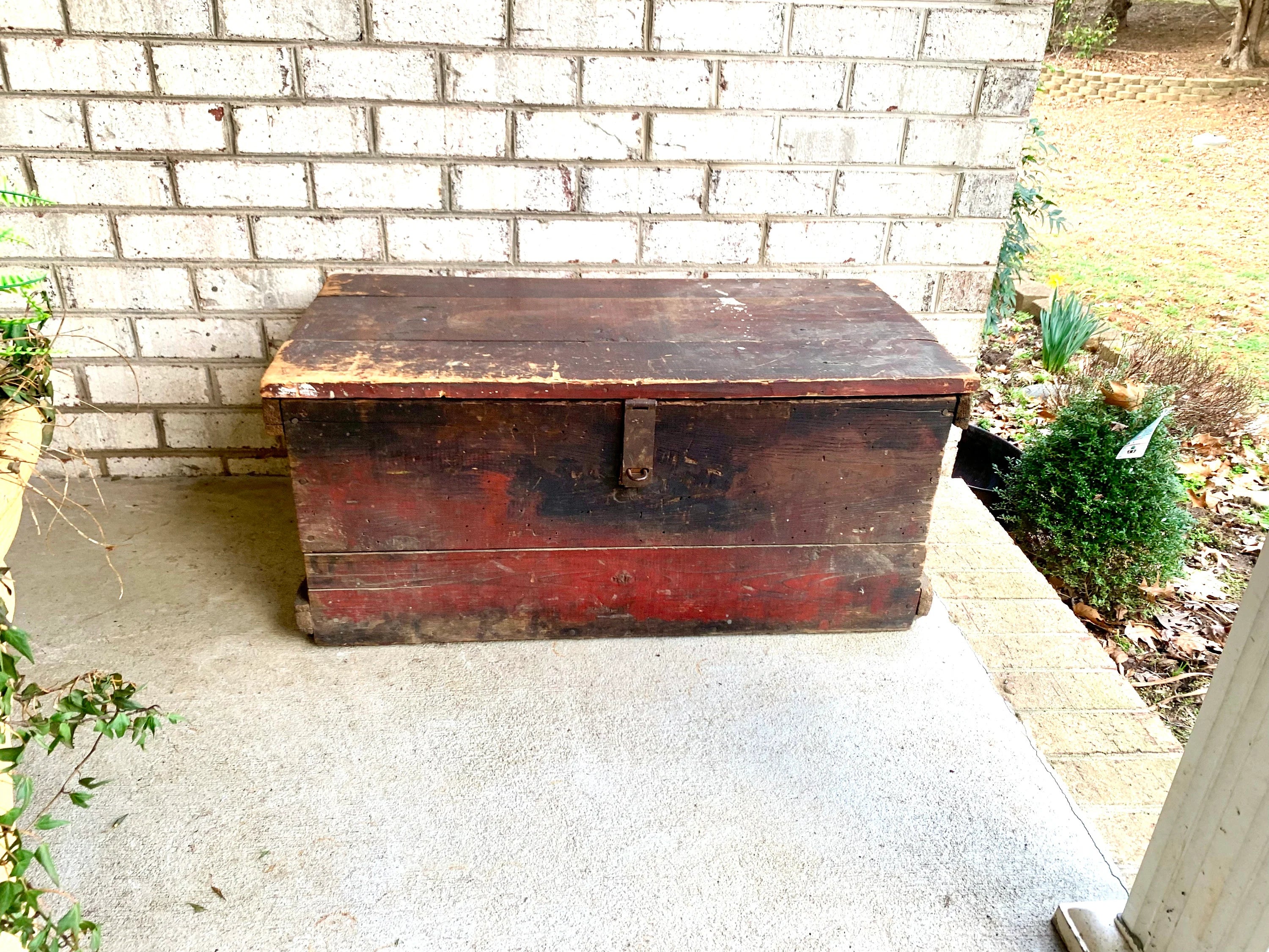 Antique Wood Carpenter's Tool Chest | Distressed Wood Tool Trunk | Rustic Red Wood Box | Rustic Coffee Table | Rustic Storage | Rustic Decor