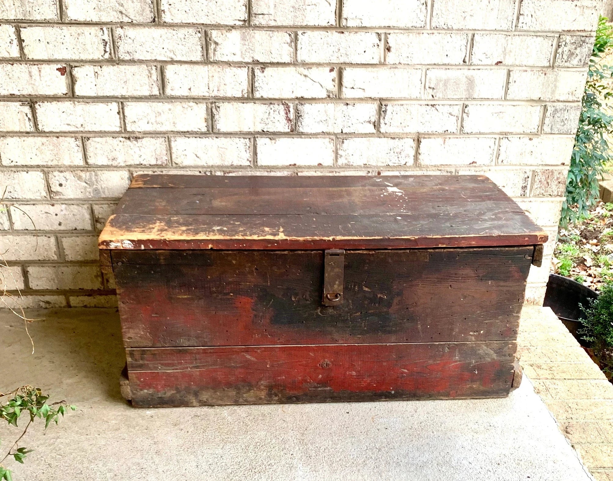 Antique Wood Carpenter's Tool Chest | Distressed Wood Tool Trunk | Rustic Red Wood Box | Rustic Coffee Table | Rustic Storage | Rustic Decor