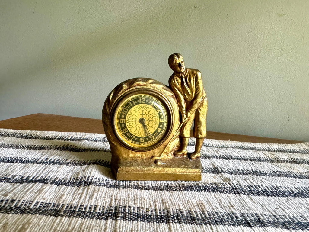 Vtg Lux Clock MFG. Co. Travel Clock | Gold Gilded Golf Wind Up Clock | Ornate Small Golfer Clock | Small Gold Golfer Clock