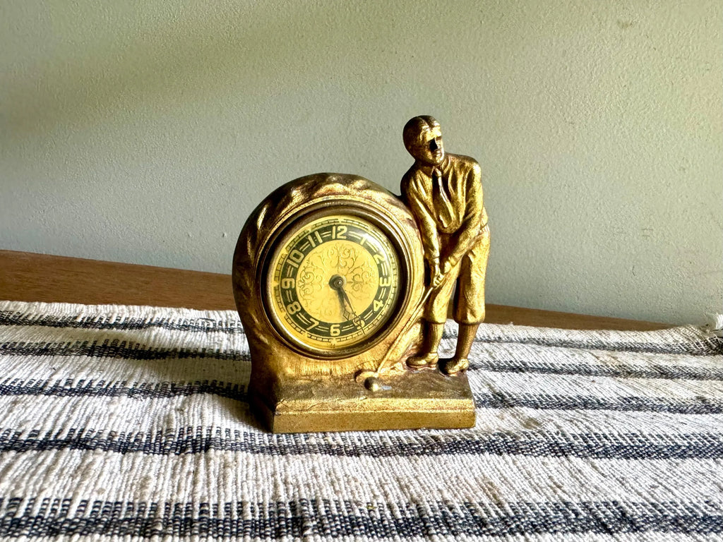 Vtg Lux Clock MFG. Co. Travel Clock | Gold Gilded Golf Wind Up Clock | Ornate Small Golfer Clock | Small Gold Golfer Clock