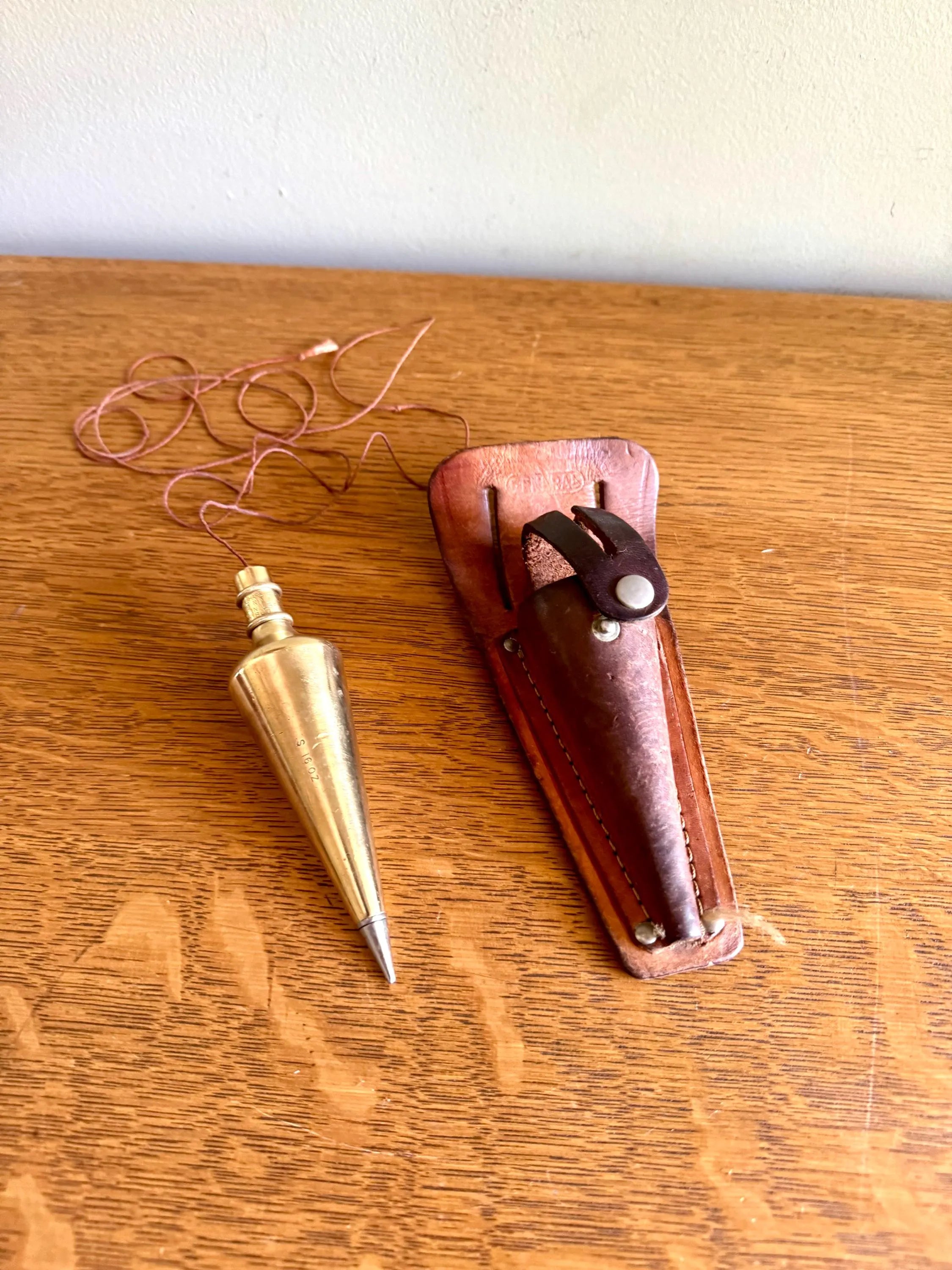 Vtg Brass Plumb Bob With Steel Tip | General Hardware No. 800 Plumb Bob | 16 oz. Brass Plumb Bob With Leather Belt Case