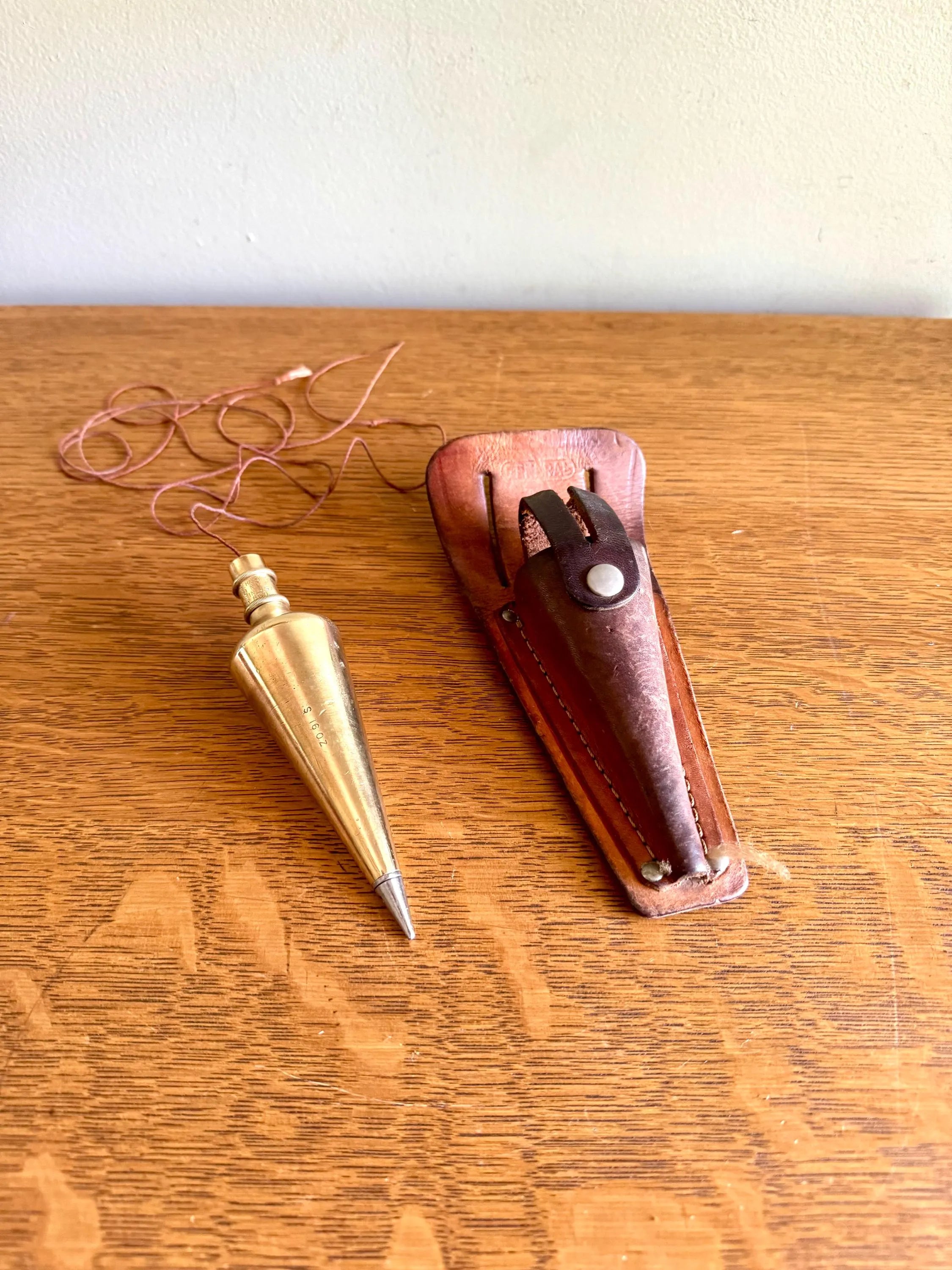 Vtg Brass Plumb Bob With Steel Tip | General Hardware No. 800 Plumb Bob | 16 oz. Brass Plumb Bob With Leather Belt Case