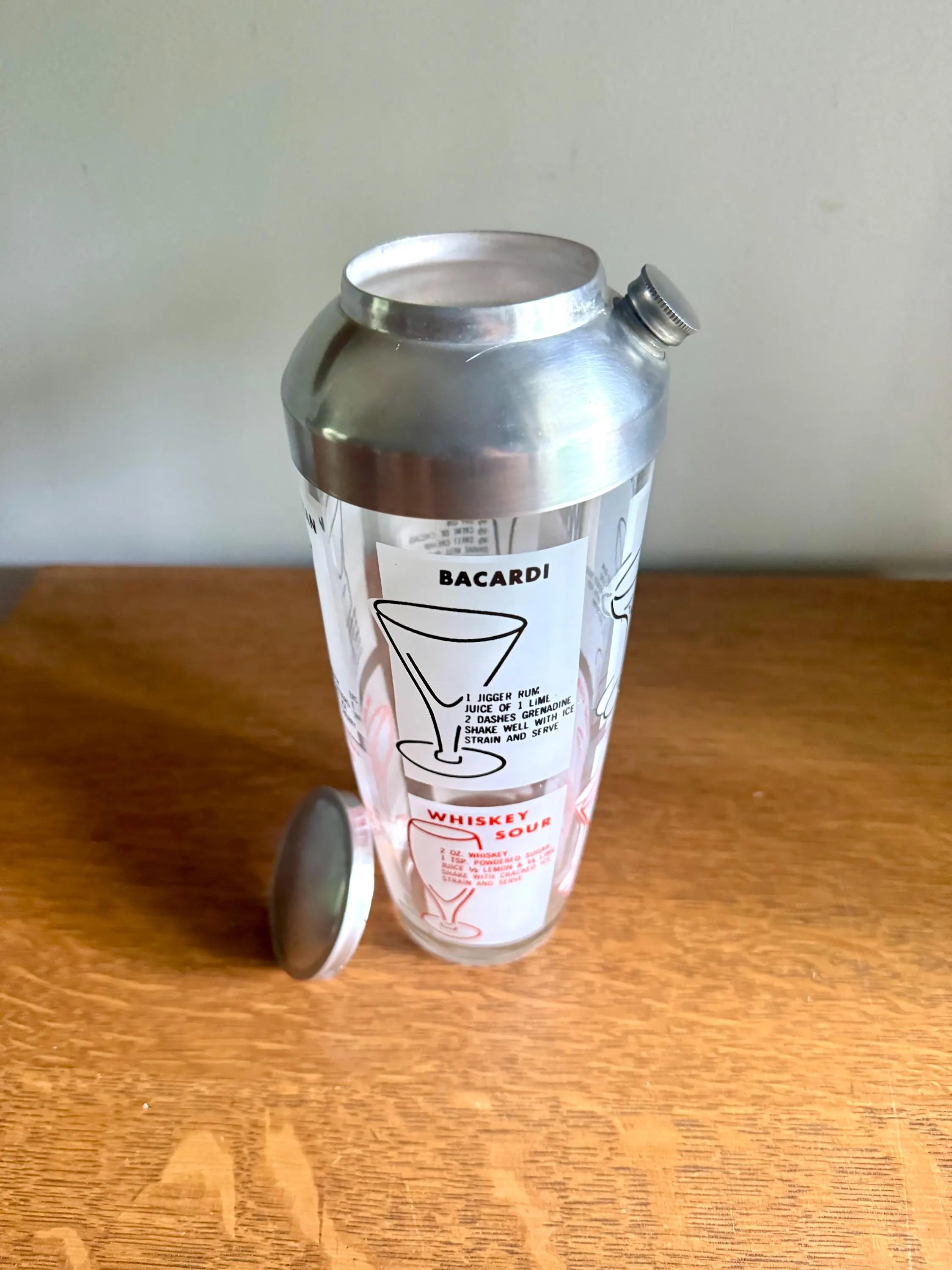Vtg MCM Recipe Cocktail Shaker | MCM Cocktail Recipes Glass and Chrome Shaker | Glass Barware | Cocktail Recipe MCM Barware Shaker