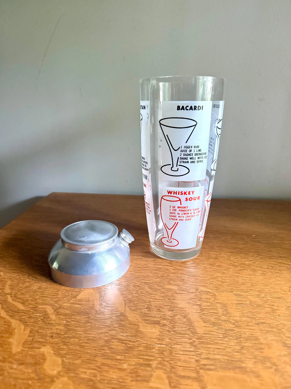 Vtg MCM Recipe Cocktail Shaker | MCM Cocktail Recipes Glass and Chrome Shaker | Glass Barware | Cocktail Recipe MCM Barware Shaker