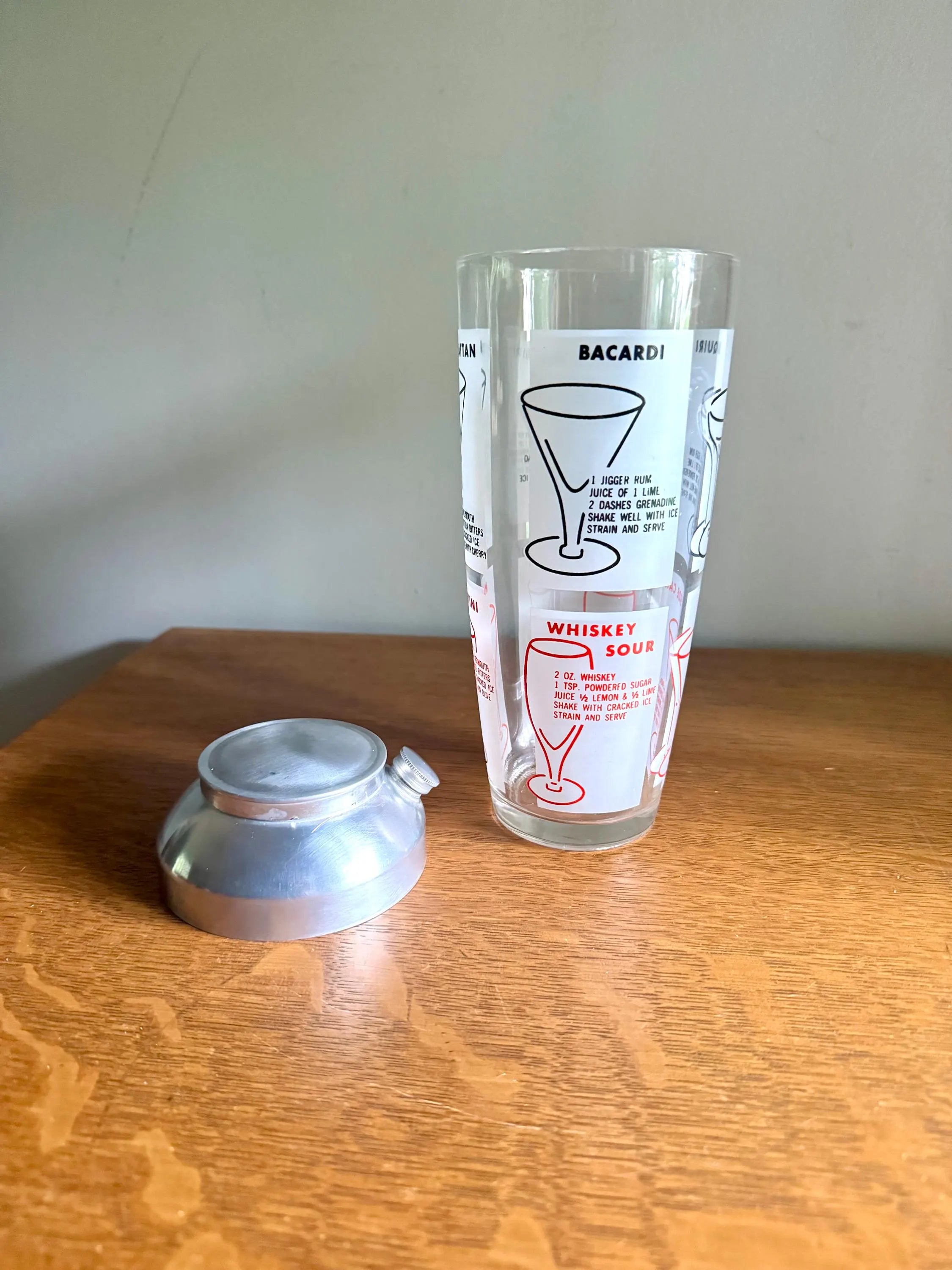 Vtg MCM Recipe Cocktail Shaker | MCM Cocktail Recipes Glass and Chrome Shaker | Glass Barware | Cocktail Recipe MCM Barware Shaker