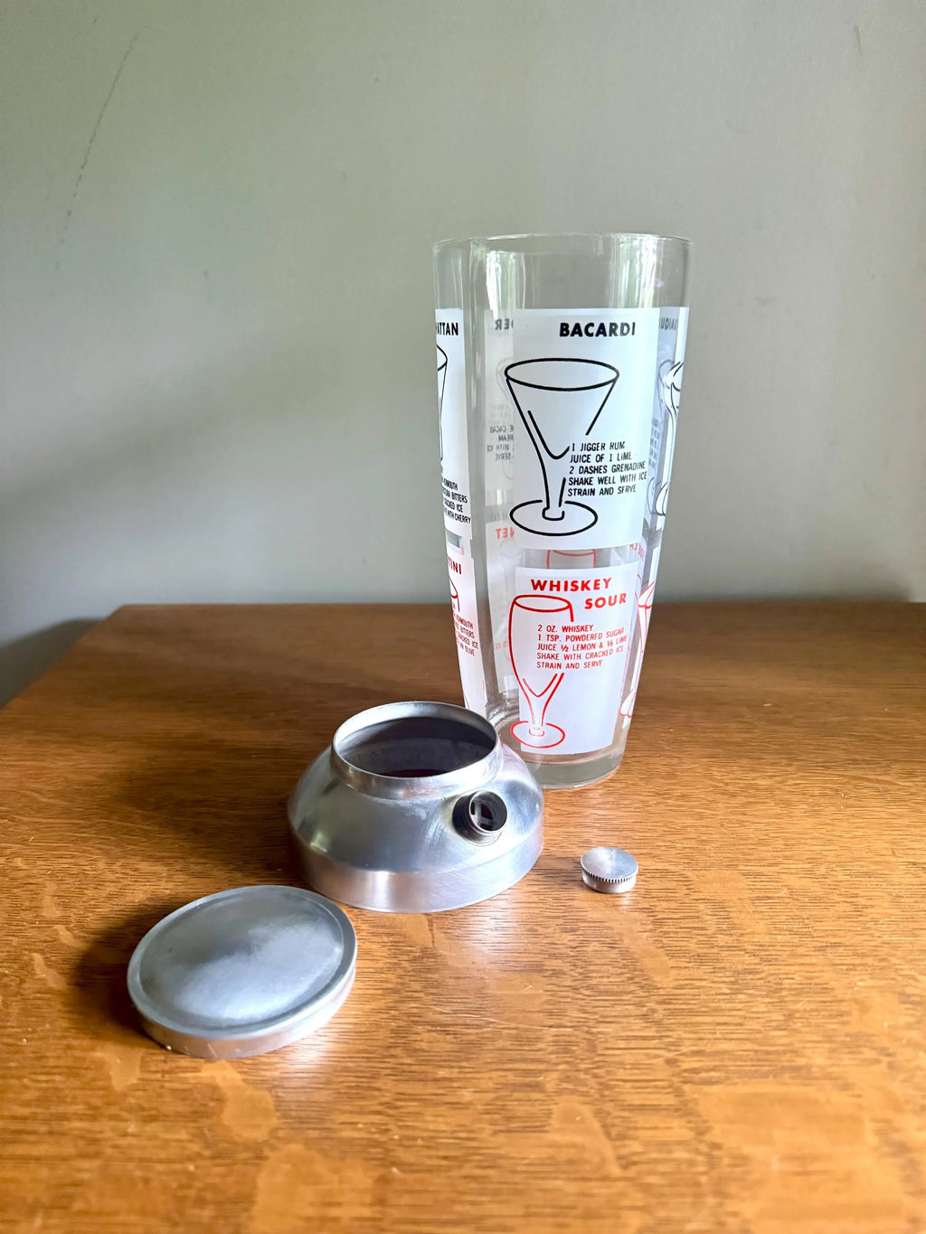Vtg MCM Recipe Cocktail Shaker | MCM Cocktail Recipes Glass and Chrome Shaker | Glass Barware | Cocktail Recipe MCM Barware Shaker